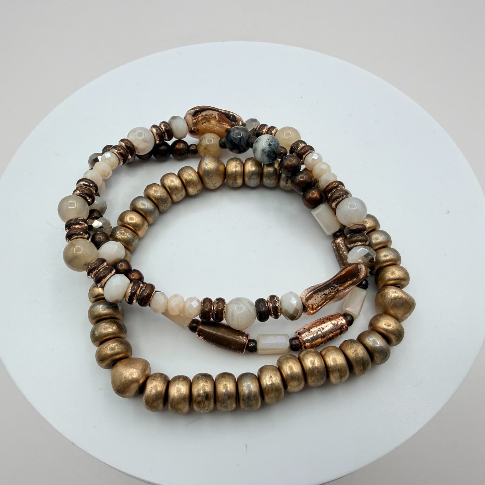Vintage Gold Tone Beaded Stretch Bracelet Set Lot Multi Strand Chunky Stack Boho - Thumbnail 3