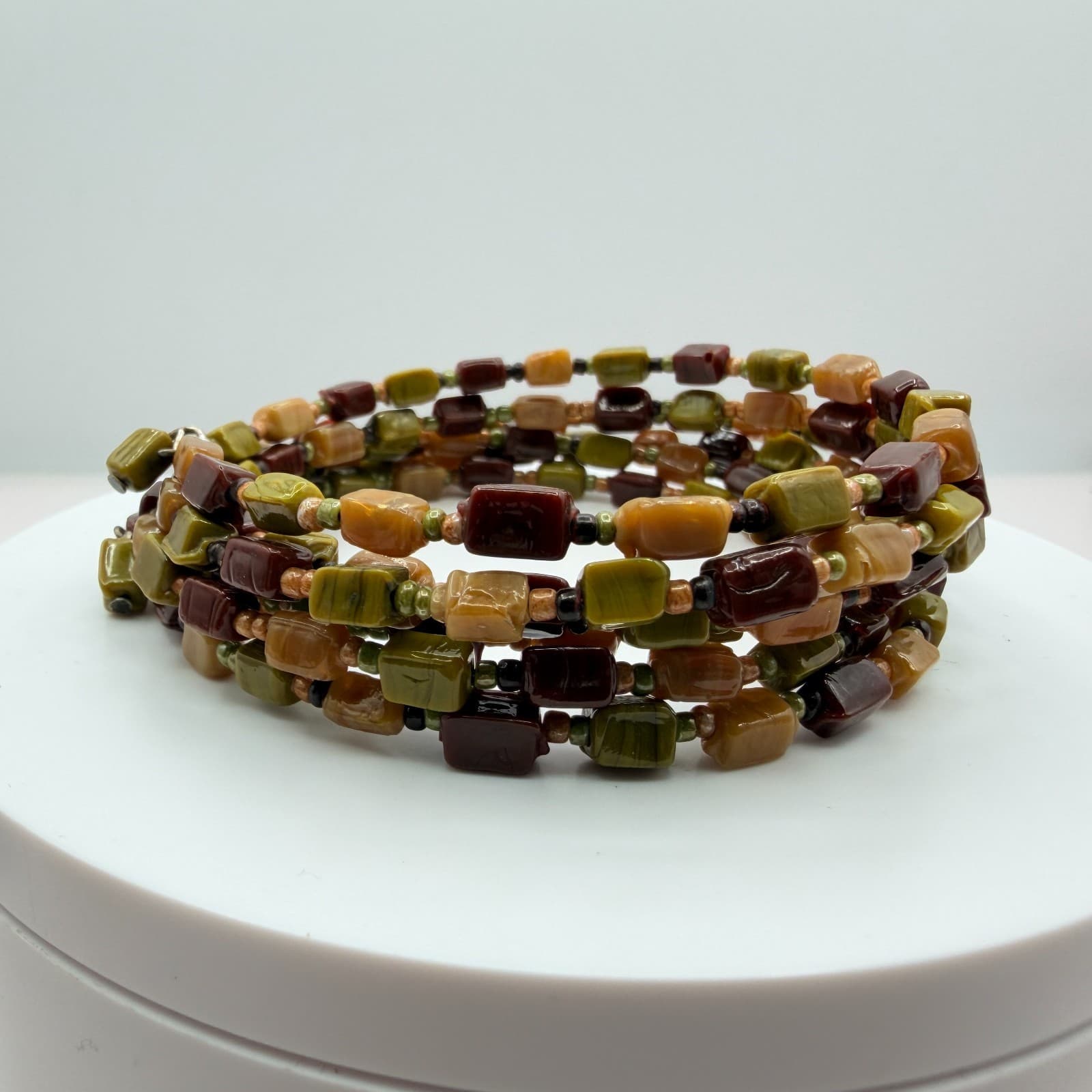 Vintage Earth Tone Memory Wire Wrap Bracelet Chunky Beaded Statement Boho Retro - Thumbnail 6