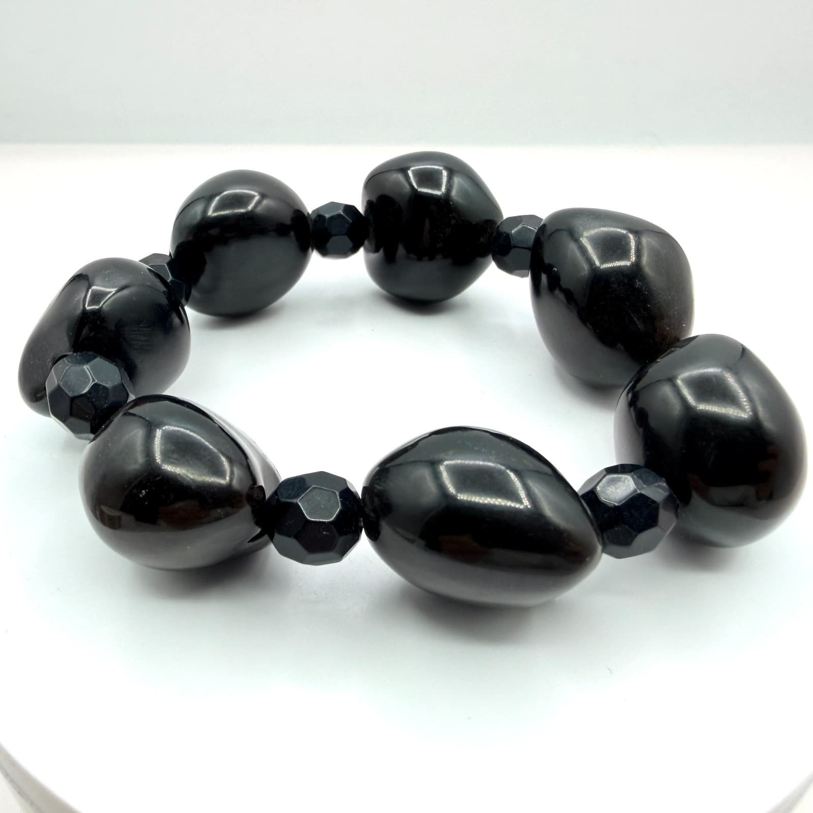 Vintage Black Chunky Beaded Stretch Bracelet Statement Nugget Boho Retro Y2K 90s