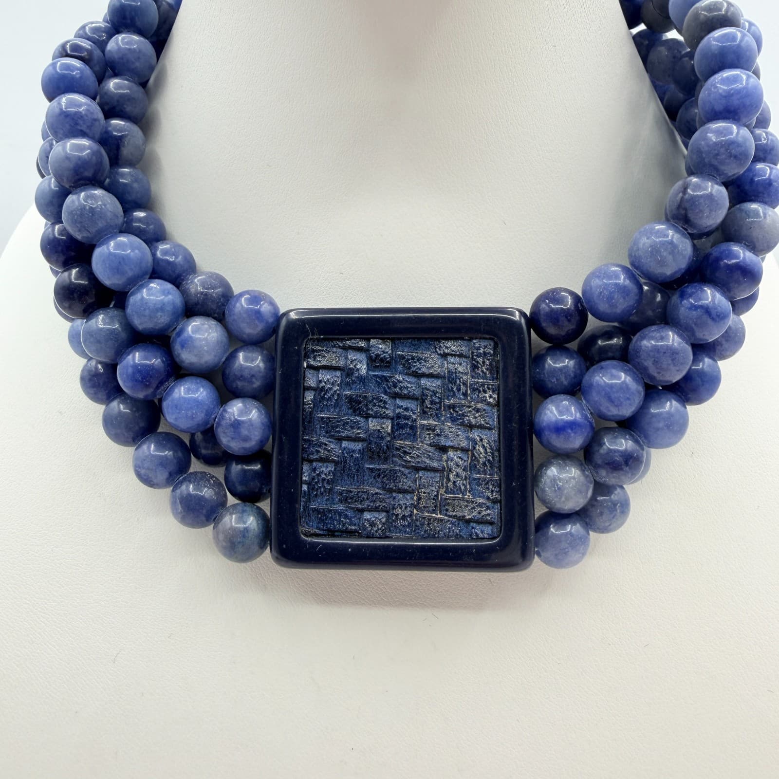 Vintage Blue Stone Bead Necklace Multi Strand Square Basketweave Pendant Chunky - Thumbnail 2