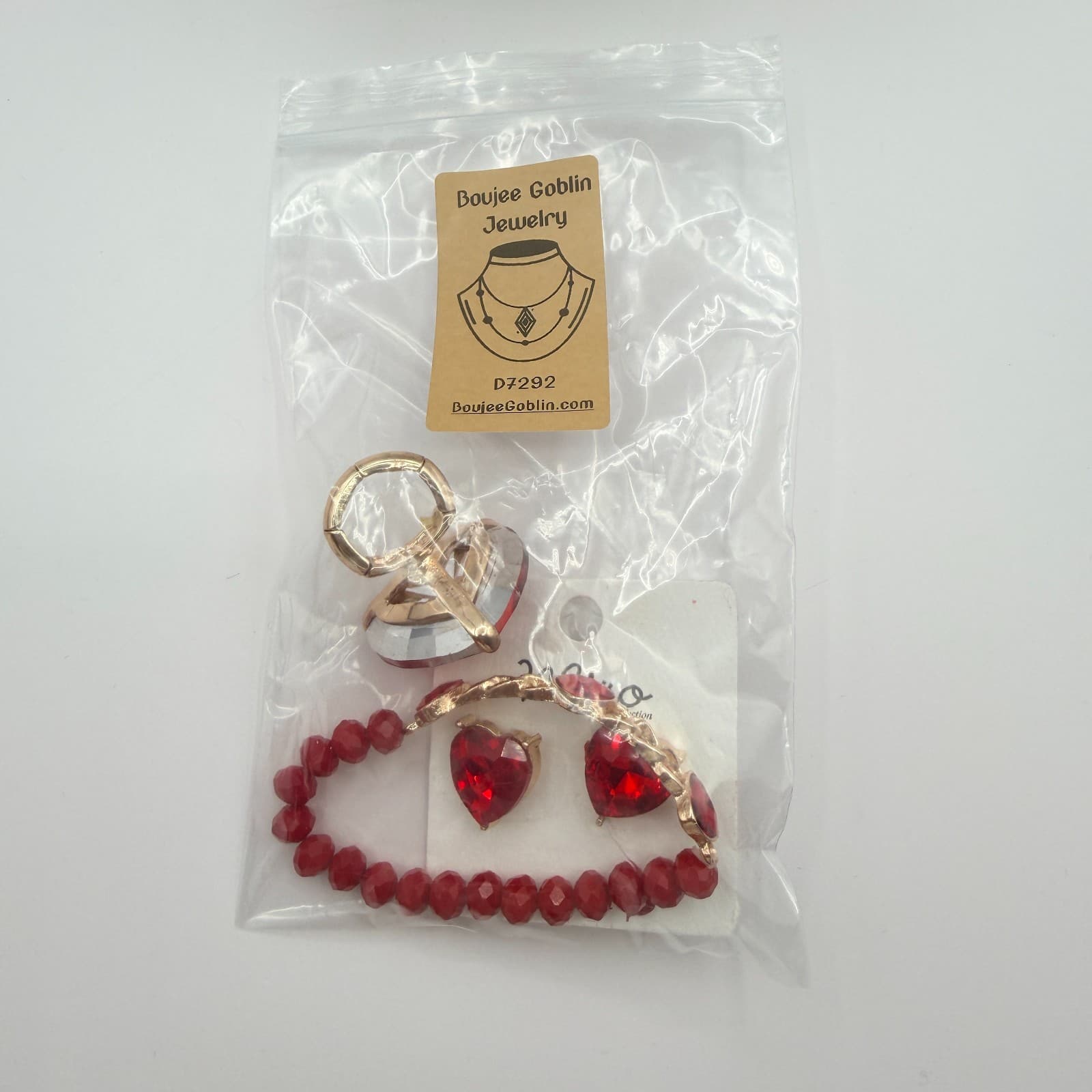 Vintage Gold Tone Red Crystal Heart Jewelry Set Ring Bracelet Post Stud Earrings - Thumbnail 18