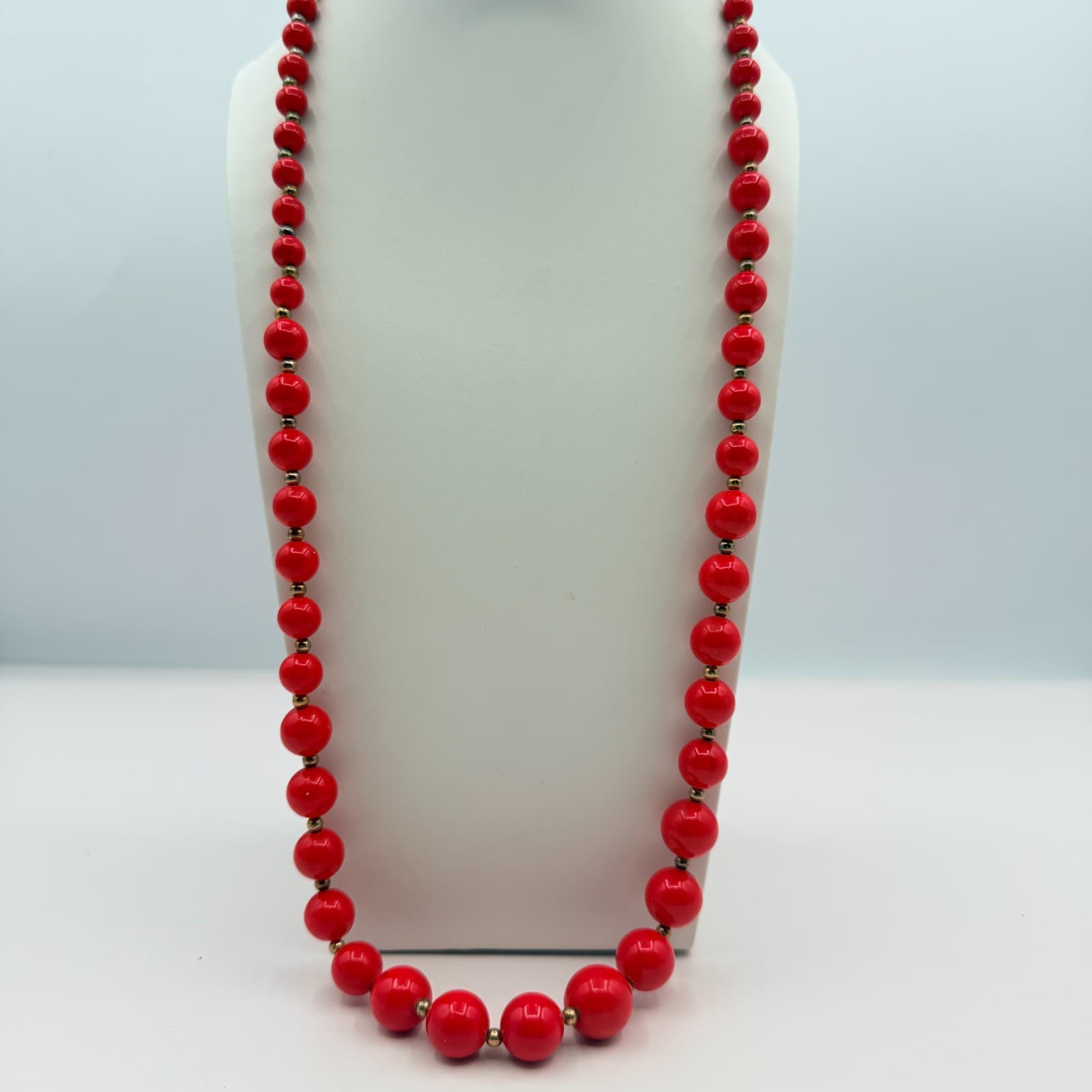 Vintage Gold Tone Red Bead Necklace Round Button Stud Earrings Matching Set Boho - Thumbnail 4