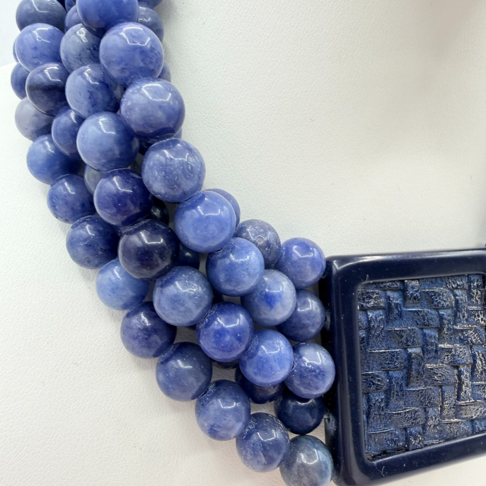 Vintage Blue Stone Bead Necklace Multi Strand Square Basketweave Pendant Chunky - Thumbnail 3