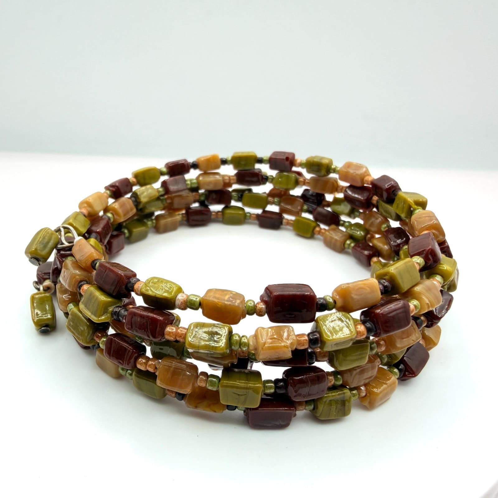 Vintage Earth Tone Memory Wire Wrap Bracelet Chunky Beaded Statement Boho Retro