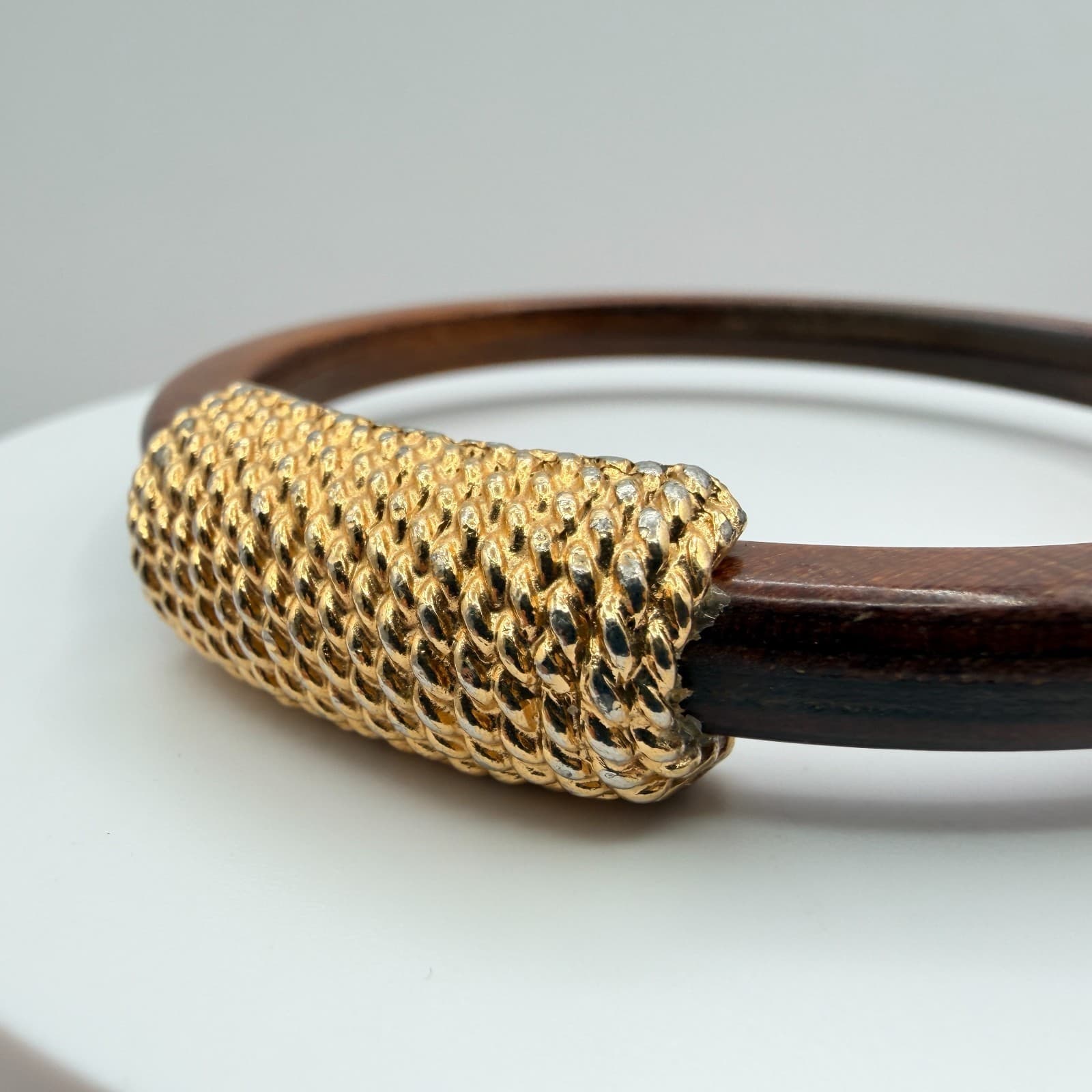 Vintage Wood Bangle Bracelet Gold Tone Textured Metal Rope Accents Chunky Boho - Thumbnail 5