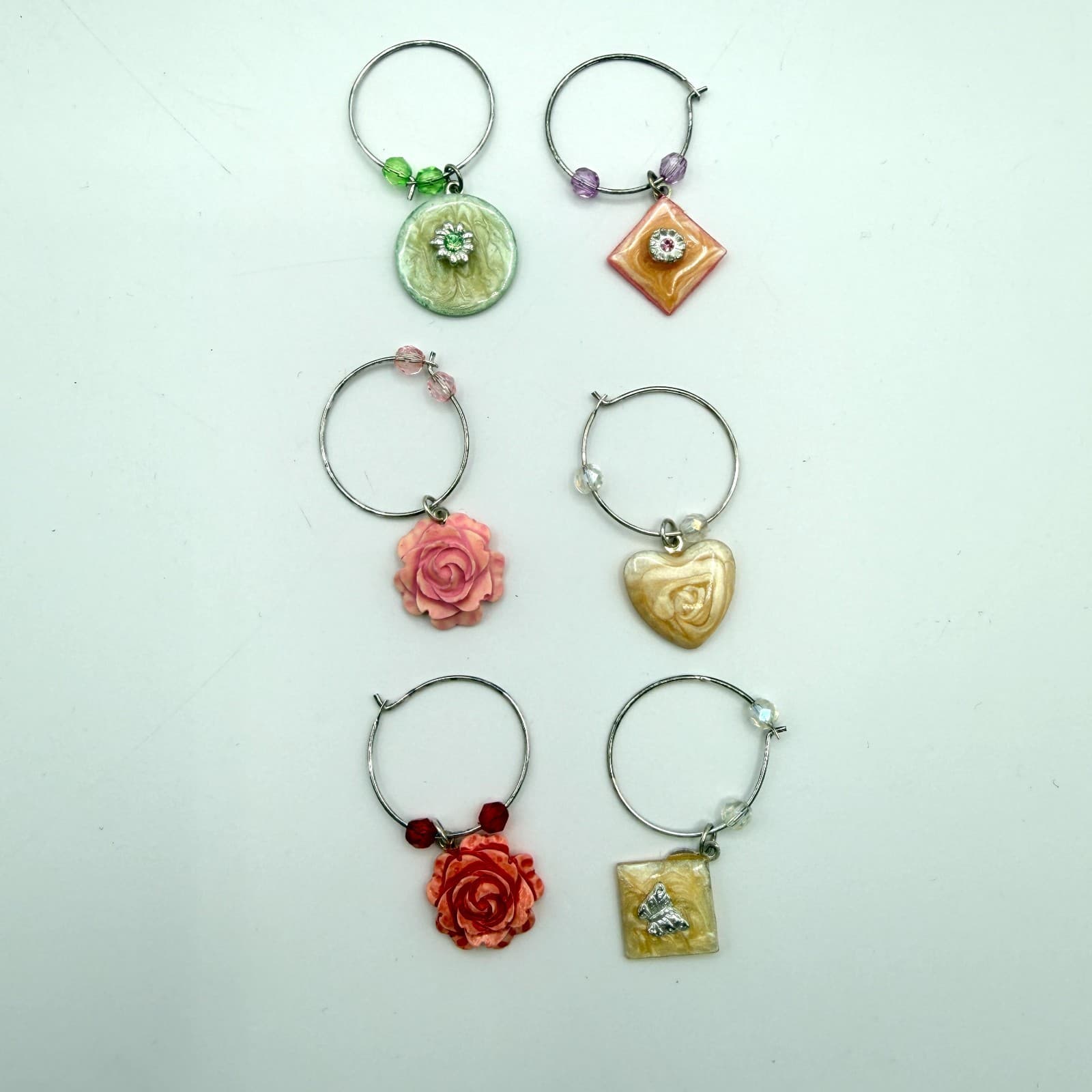 Vintage Wine Glass Charms Set Lot 6pc Silver Tone Hoops Heart Flower Mixed Charm