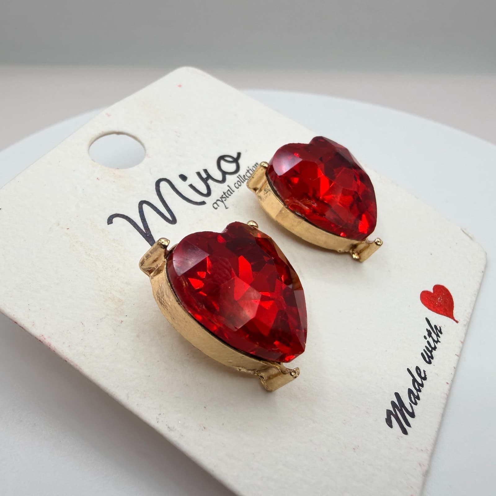 Vintage Gold Tone Red Crystal Heart Jewelry Set Ring Bracelet Post Stud Earrings - Thumbnail 9