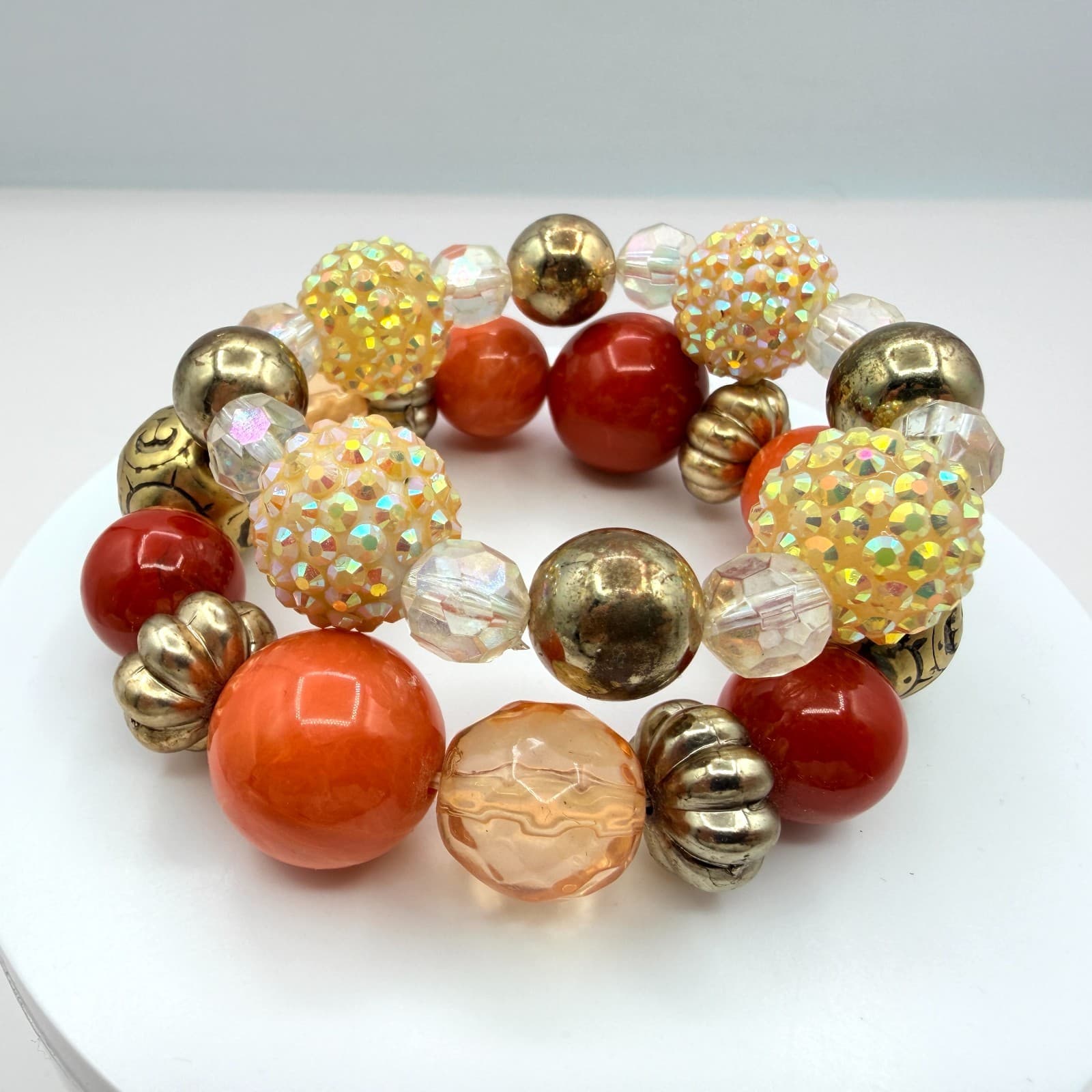 Vintage Gold Tone Chunky Coil Wrap Bracelet Beaded Orange AB Statement Retro Y2K