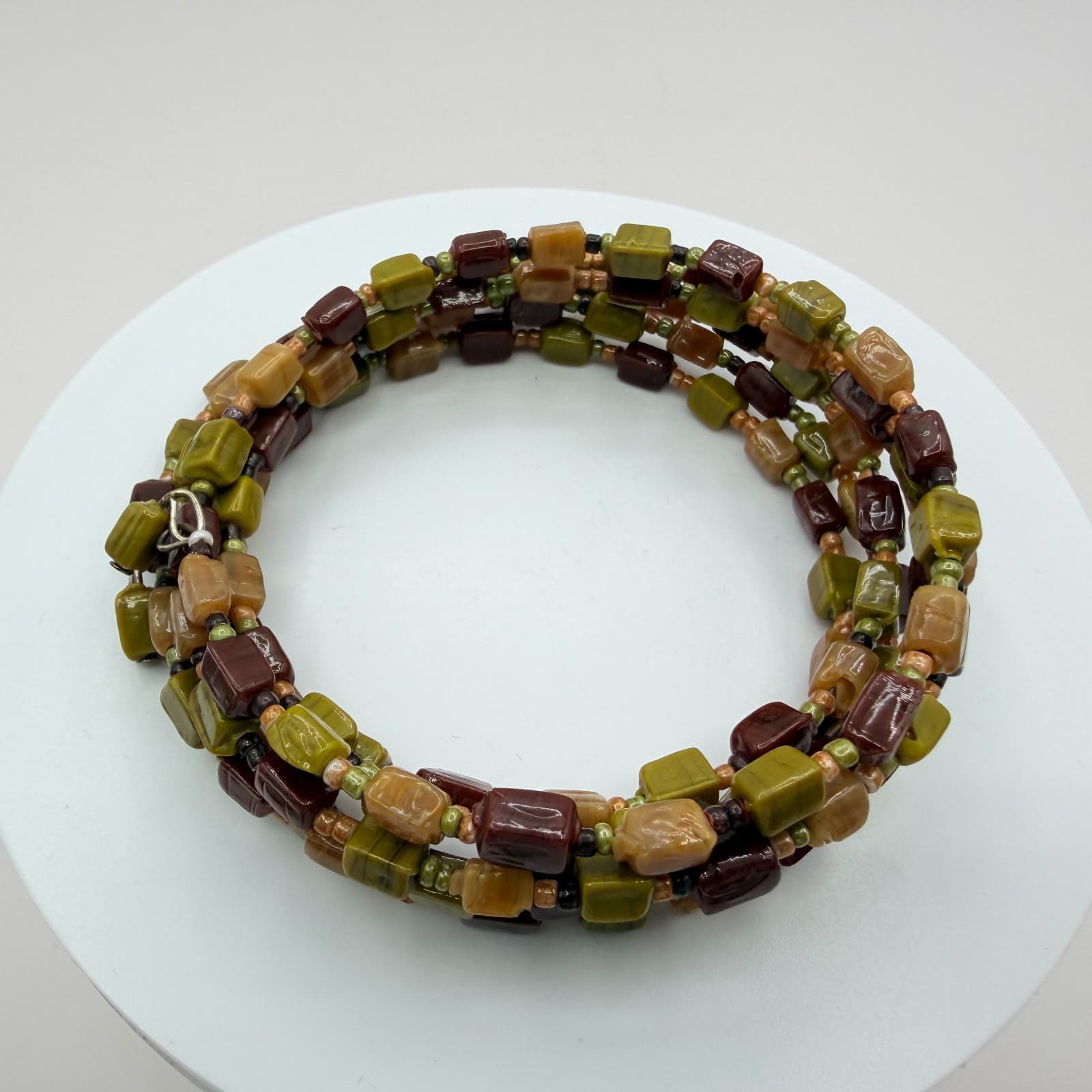 Vintage Earth Tone Memory Wire Wrap Bracelet Chunky Beaded Statement Boho Retro - Thumbnail 7