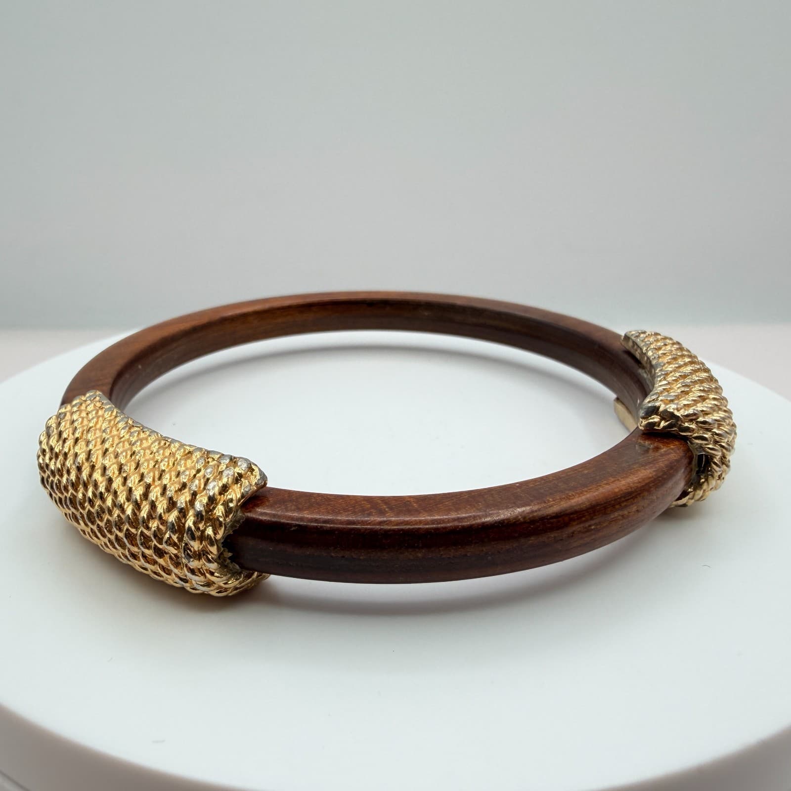 Vintage Wood Bangle Bracelet Gold Tone Textured Metal Rope Accents Chunky Boho - Thumbnail 4