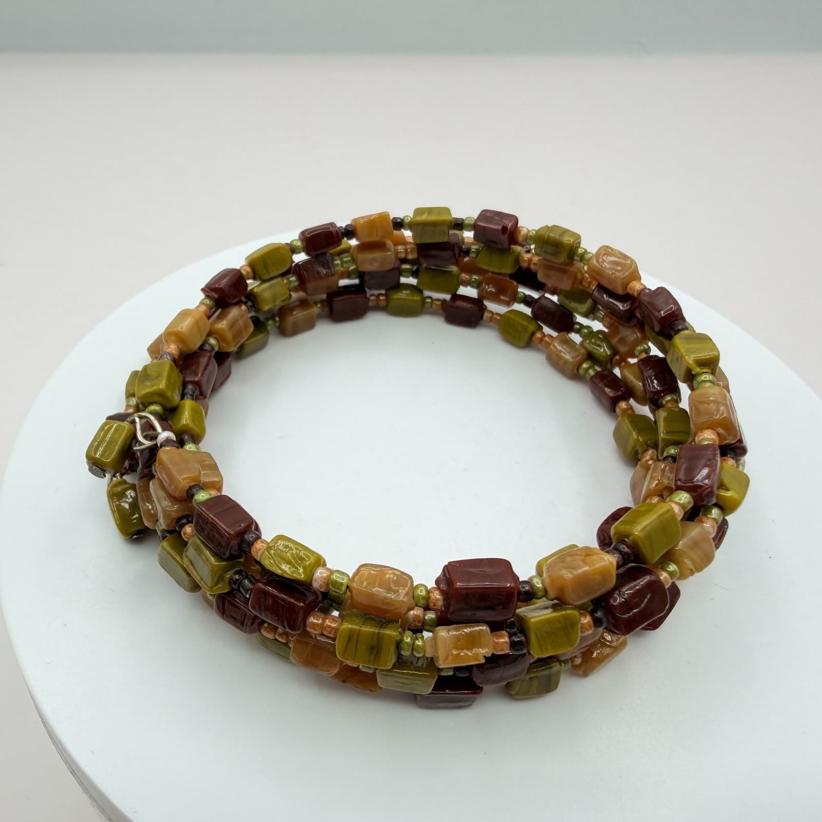 Vintage Earth Tone Memory Wire Wrap Bracelet Chunky Beaded Statement Boho Retro - Thumbnail 3