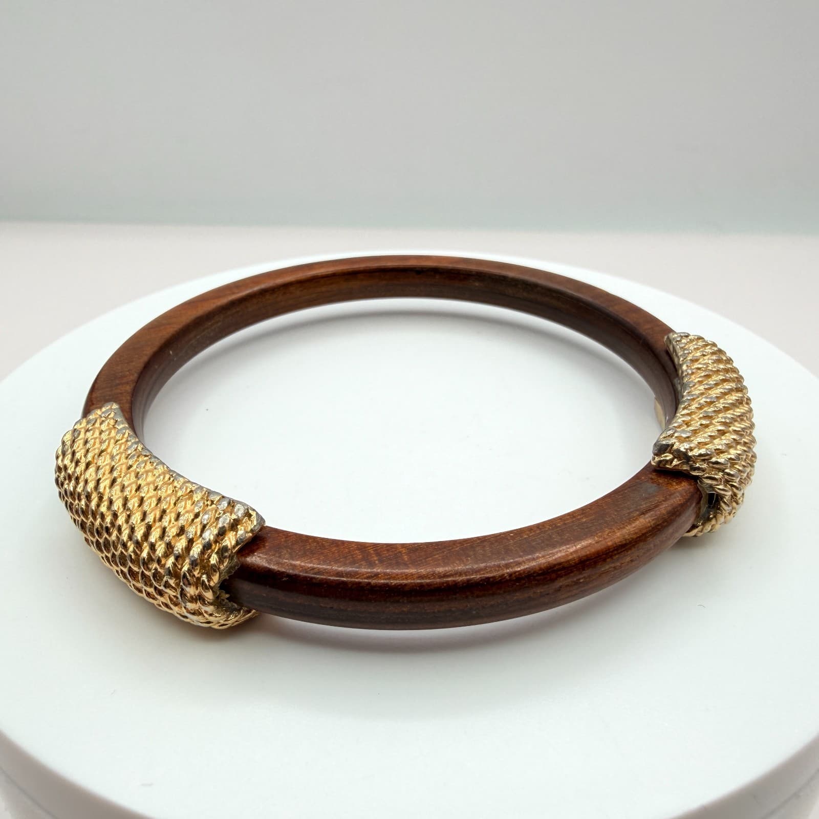 Vintage Wood Bangle Bracelet Gold Tone Textured Metal Rope Accents Chunky Boho