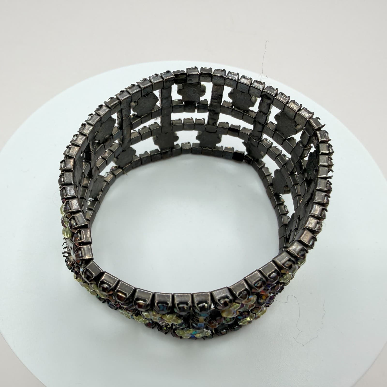 Vintage Gunmetal Rhinestone Cuff Bracelet Floral Grid Statement AB Y2K 90s Goth - Thumbnail 4