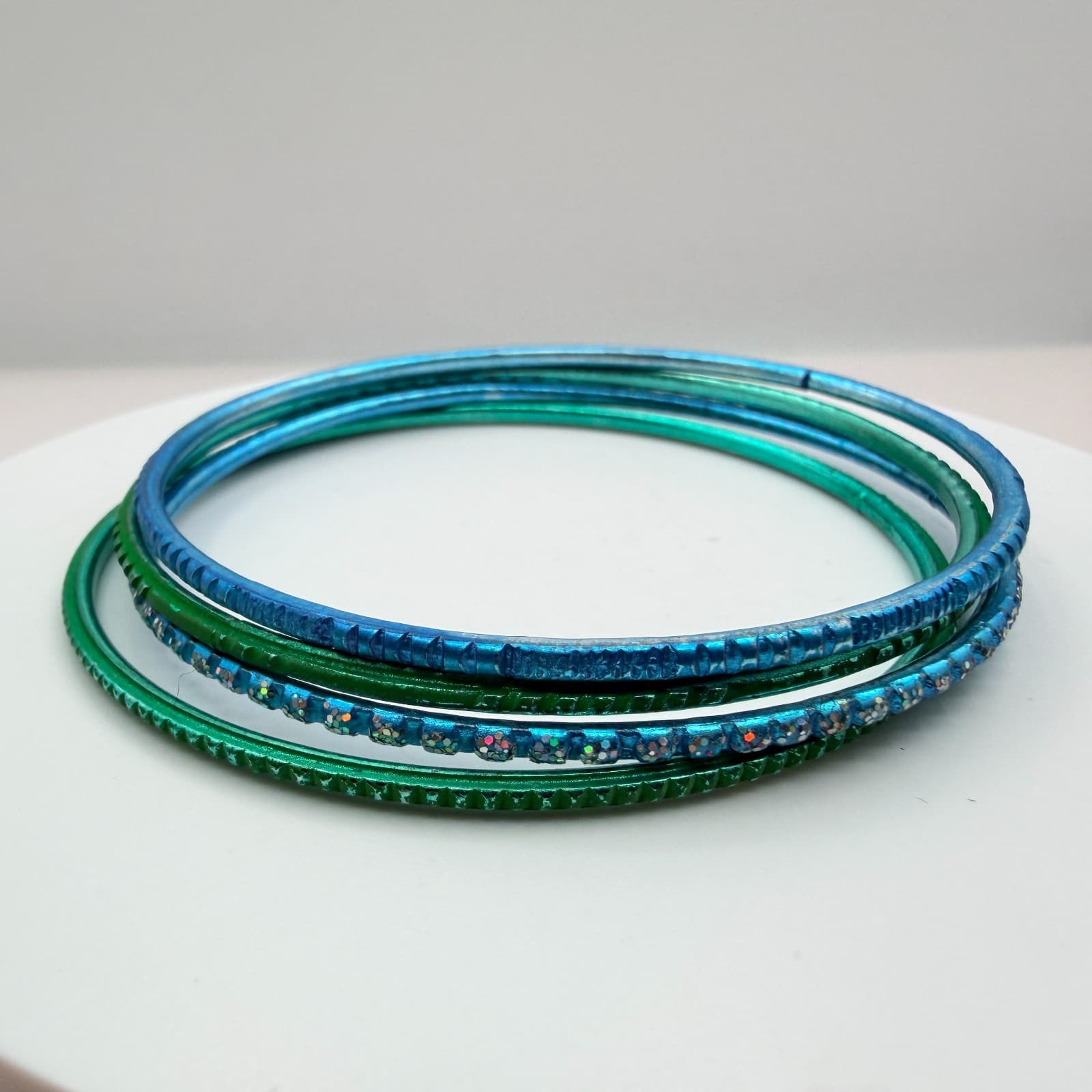 Vintage Blue Green Metallic Bangle Bracelet Stack Set Textured Rhinestone Retro - Thumbnail 5