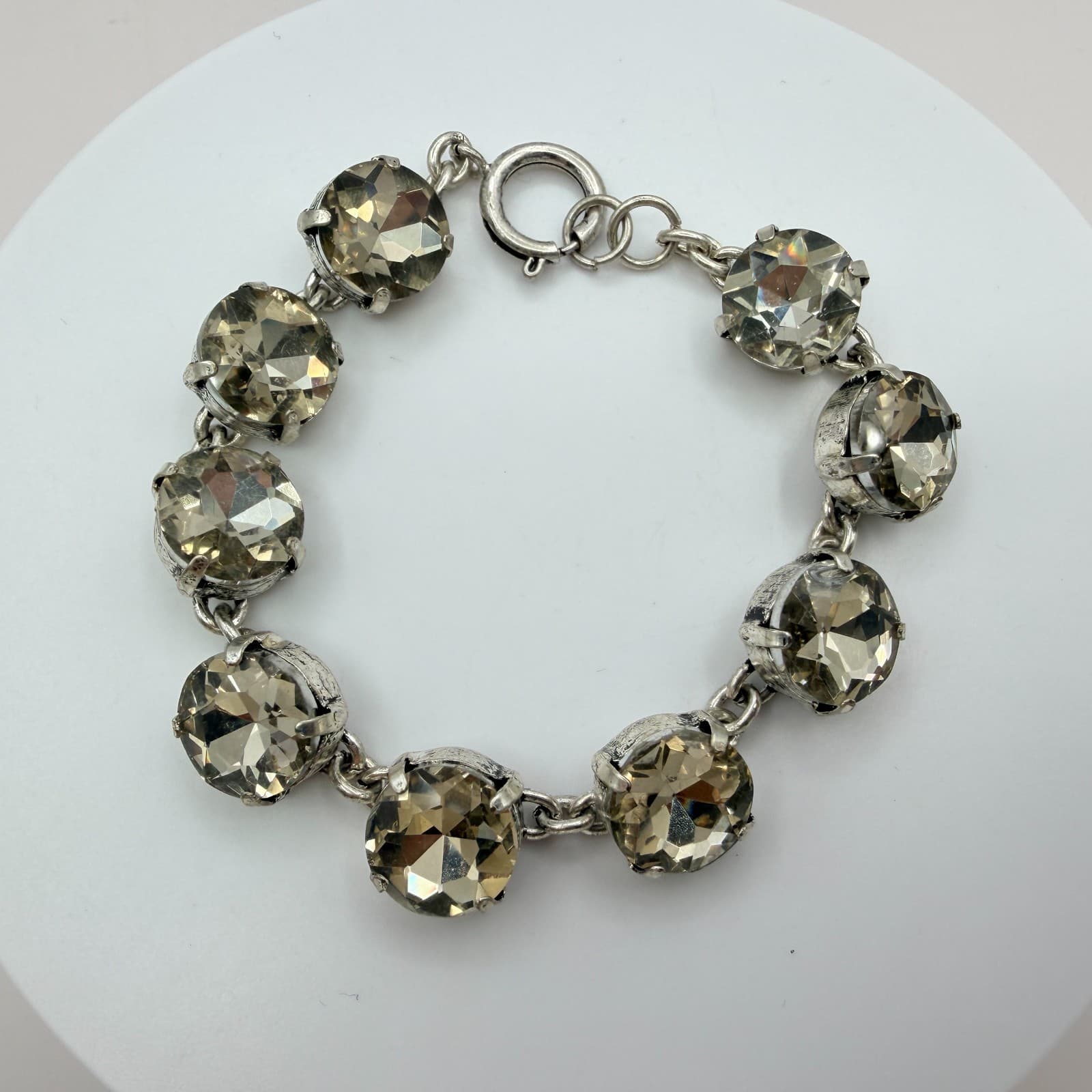 Vintage Crystal Tennis Bracelet Large Round Rhinestone Cup Chain Pink Smoky Gray - Thumbnail 8