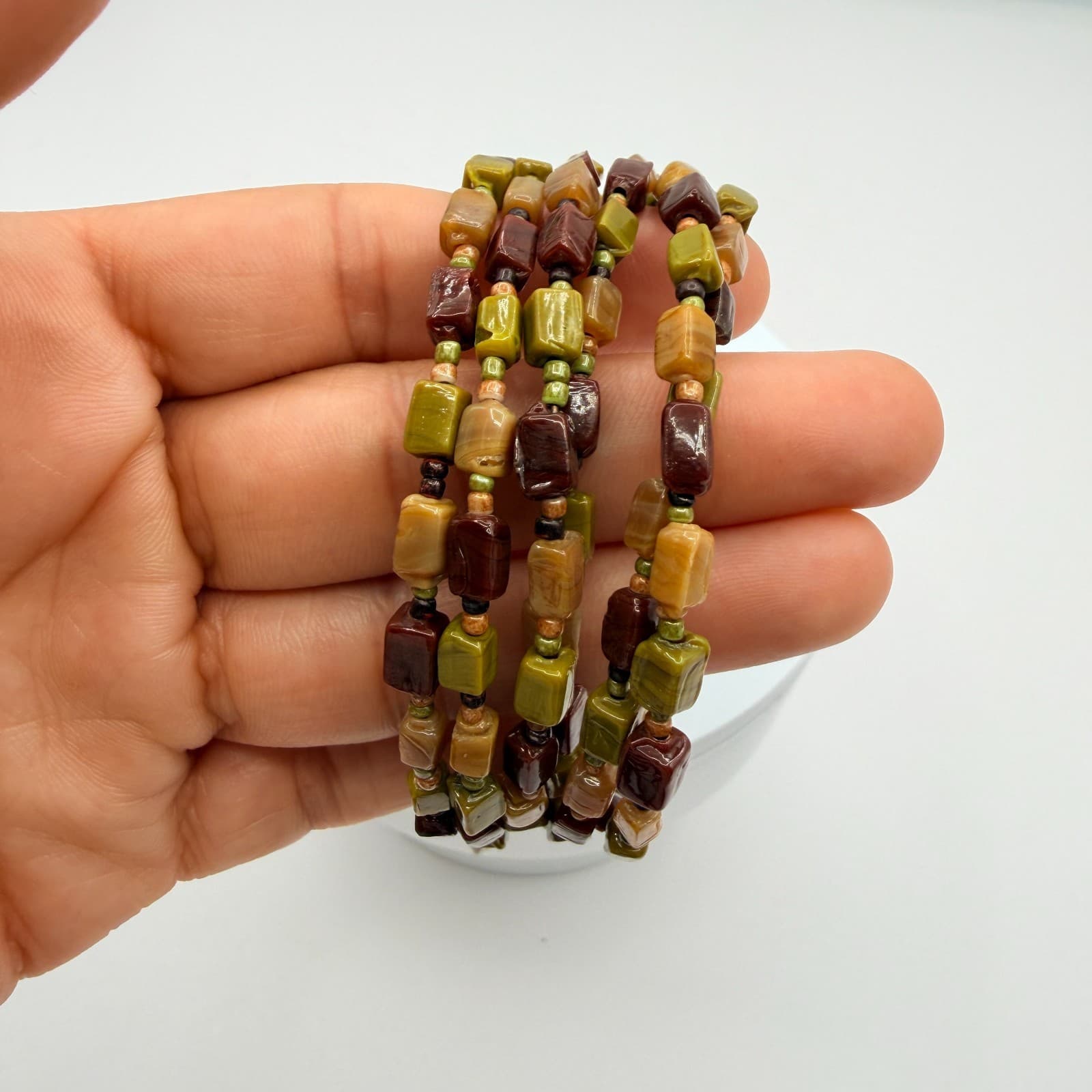 Vintage Earth Tone Memory Wire Wrap Bracelet Chunky Beaded Statement Boho Retro - Thumbnail 8