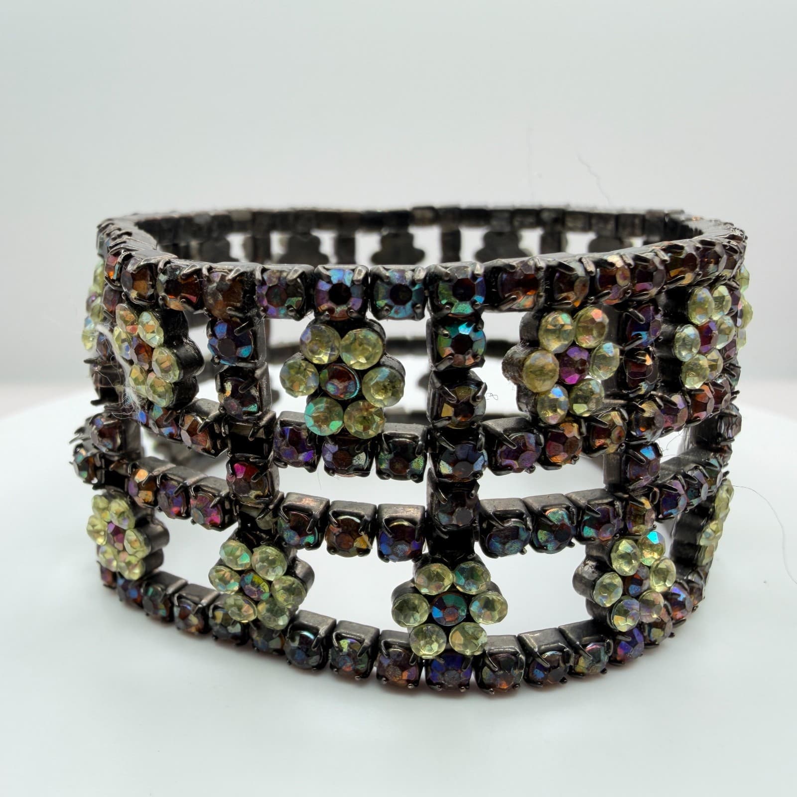 Vintage Gunmetal Rhinestone Cuff Bracelet Floral Grid Statement AB Y2K 90s Goth - Thumbnail 2