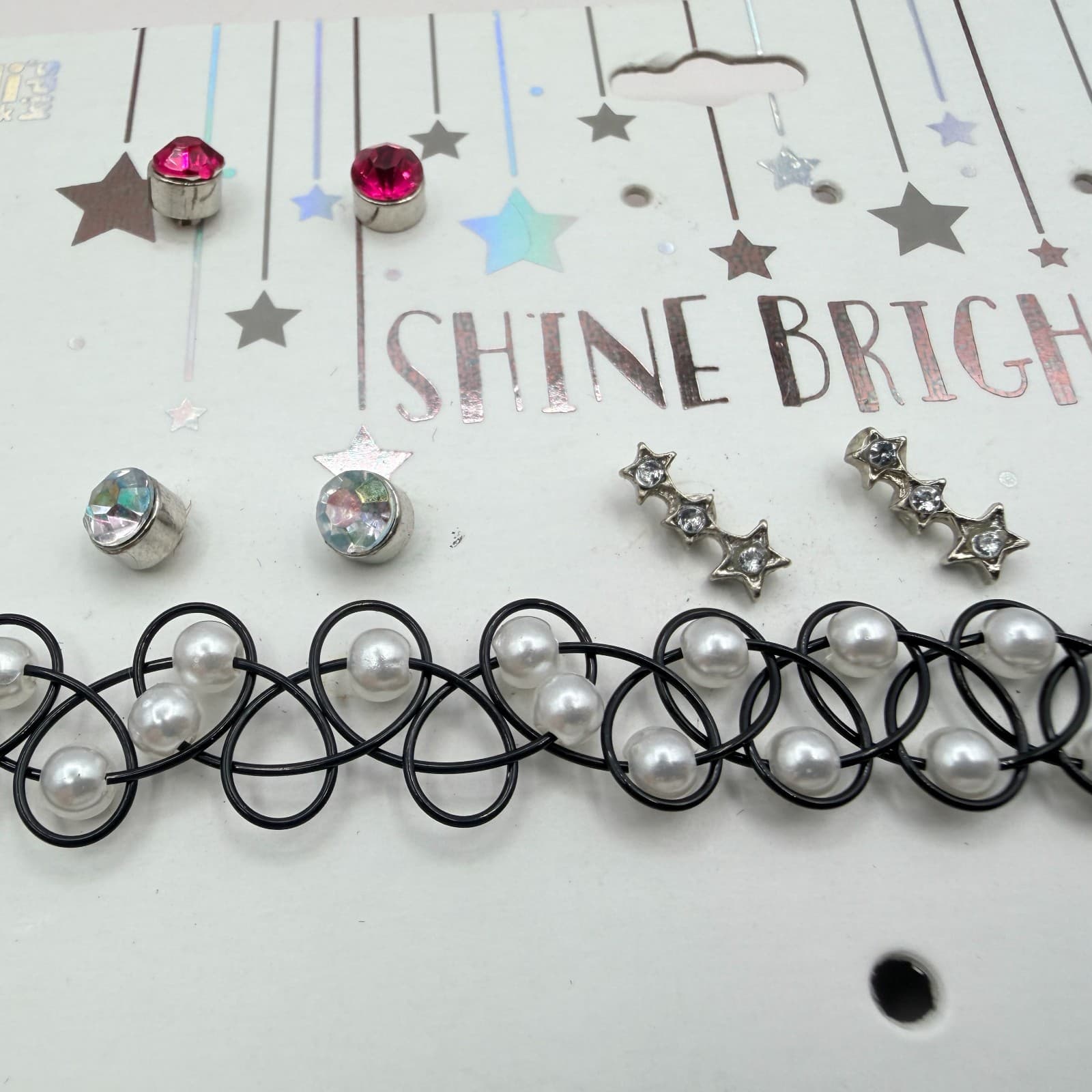 Vintage Black Velvet Choker Necklace Set Tattoo Henna Faux Pearl Stud Earrings - Thumbnail 5