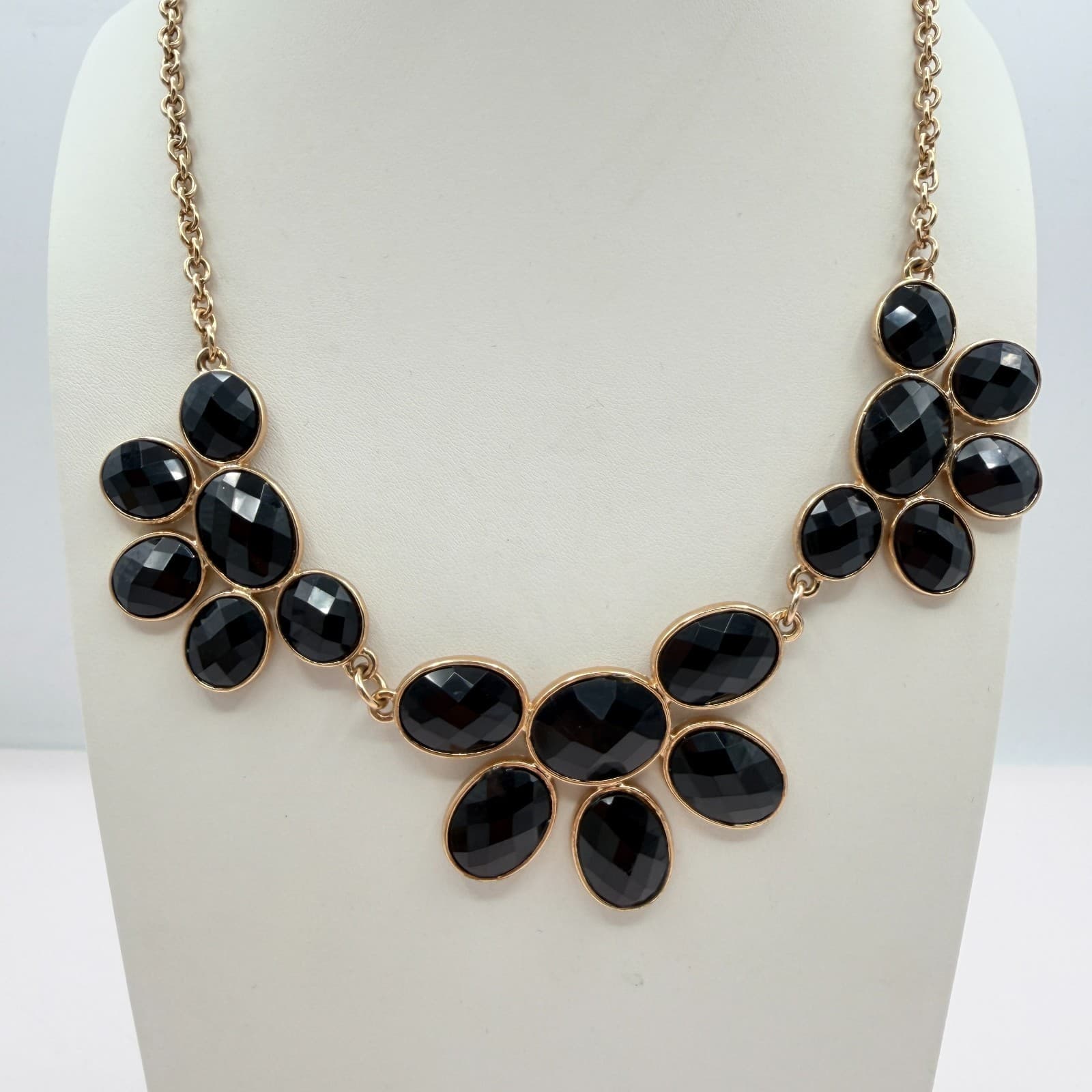Vintage Gold Tone Black Rhinestone Statement Necklace Drop Earrings Matching Set - Thumbnail 2