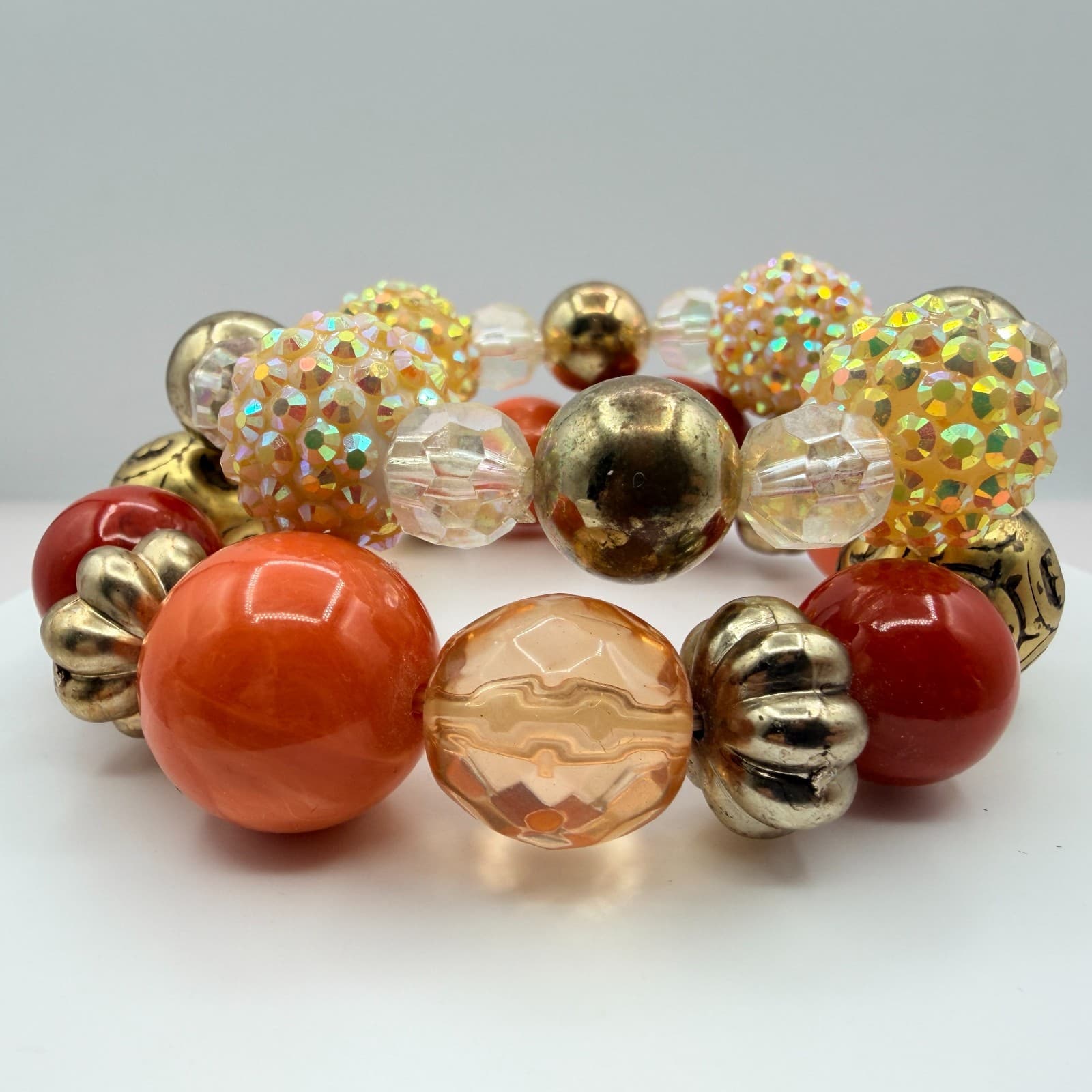 Vintage Gold Tone Chunky Coil Wrap Bracelet Beaded Orange AB Statement Retro Y2K - Thumbnail 6