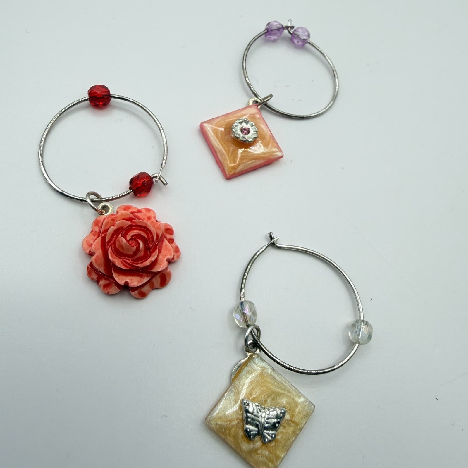Vintage Wine Glass Charms Set Lot 6pc Silver Tone Hoops Heart Flower Mixed Charm - Thumbnail 10