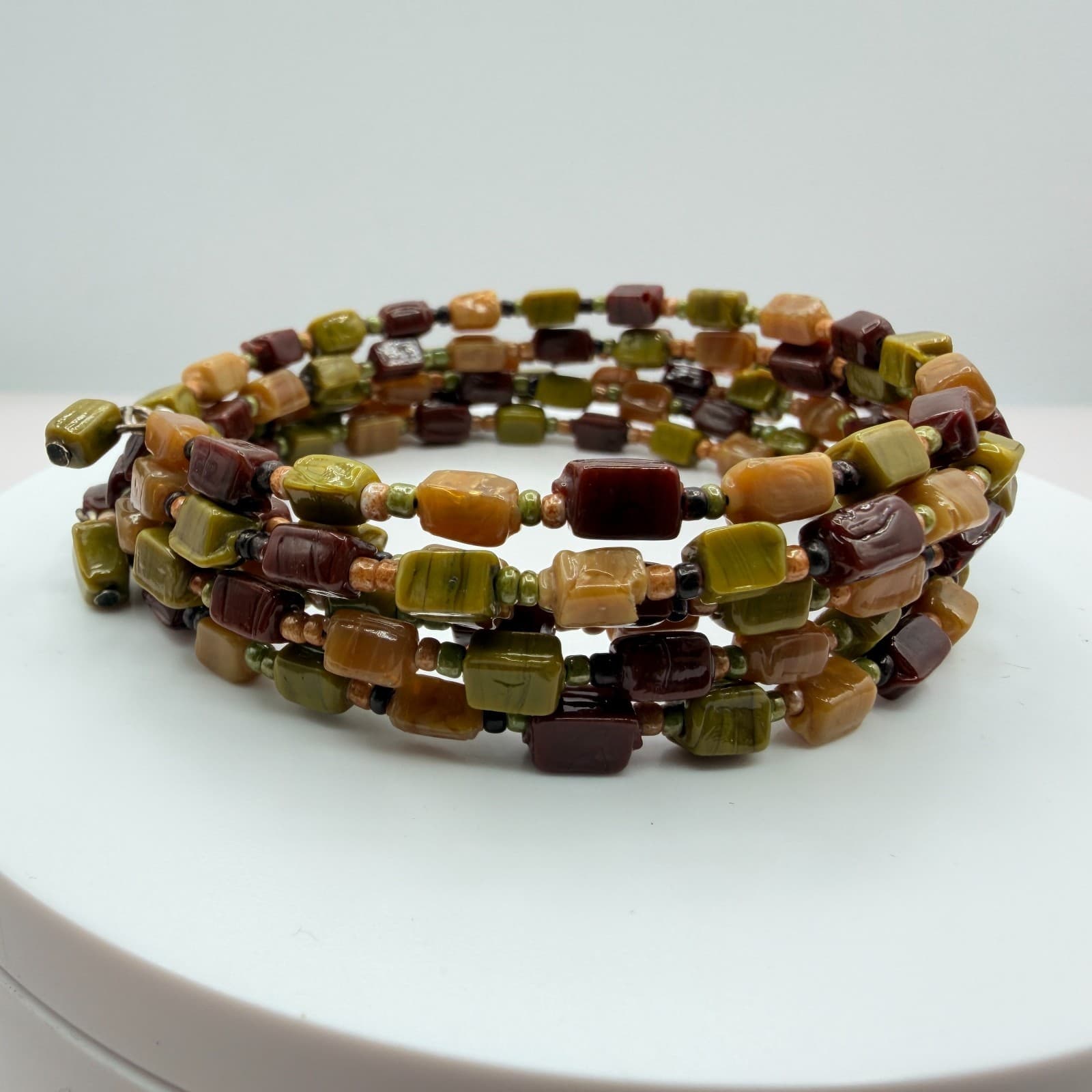 Vintage Earth Tone Memory Wire Wrap Bracelet Chunky Beaded Statement Boho Retro - Thumbnail 2