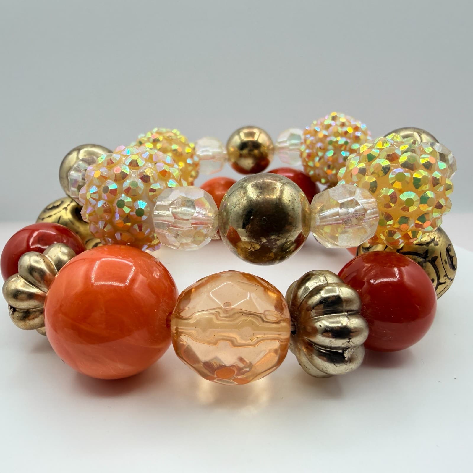 Vintage Gold Tone Chunky Coil Wrap Bracelet Beaded Orange AB Statement Retro Y2K - Thumbnail 4