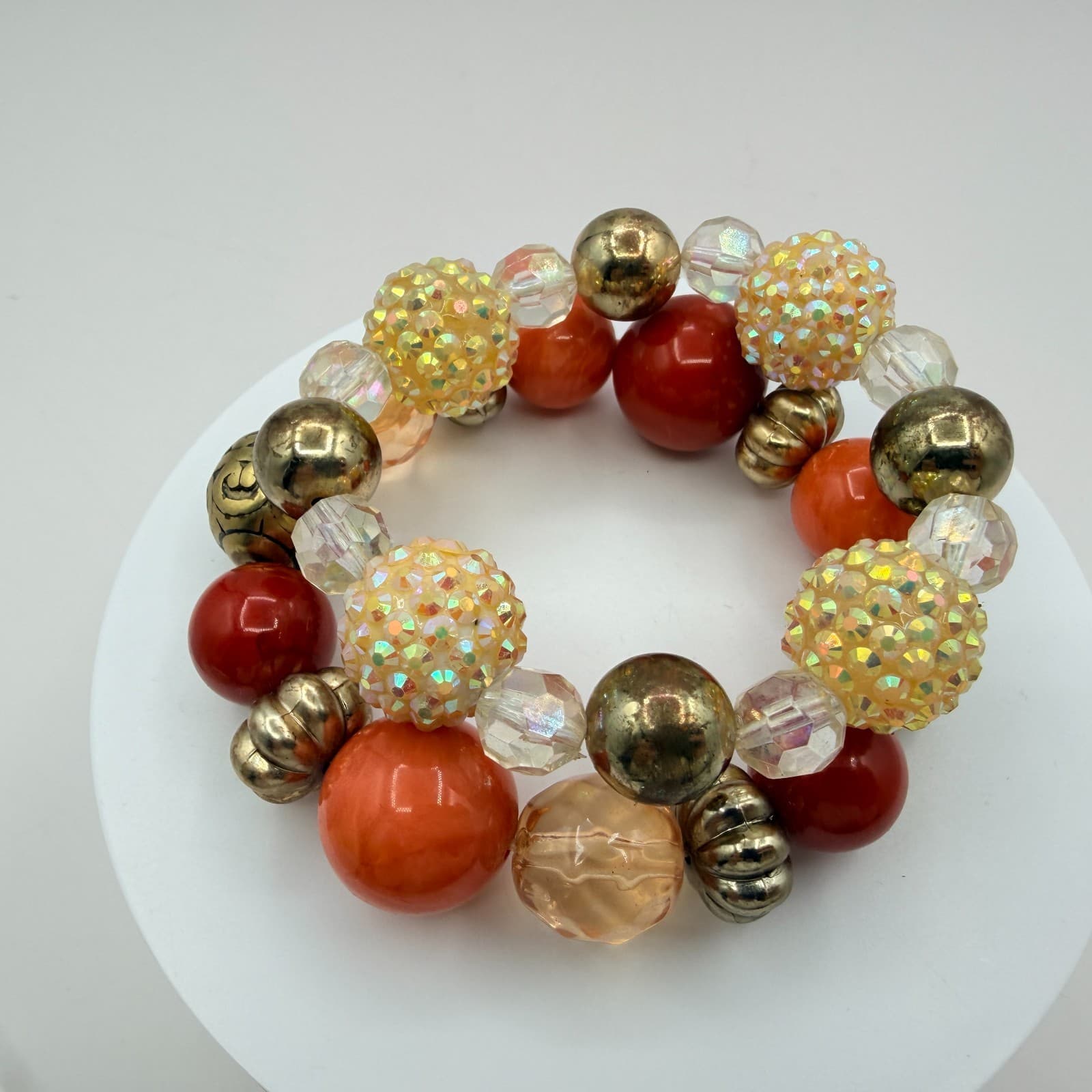 Vintage Gold Tone Chunky Coil Wrap Bracelet Beaded Orange AB Statement Retro Y2K - Thumbnail 3