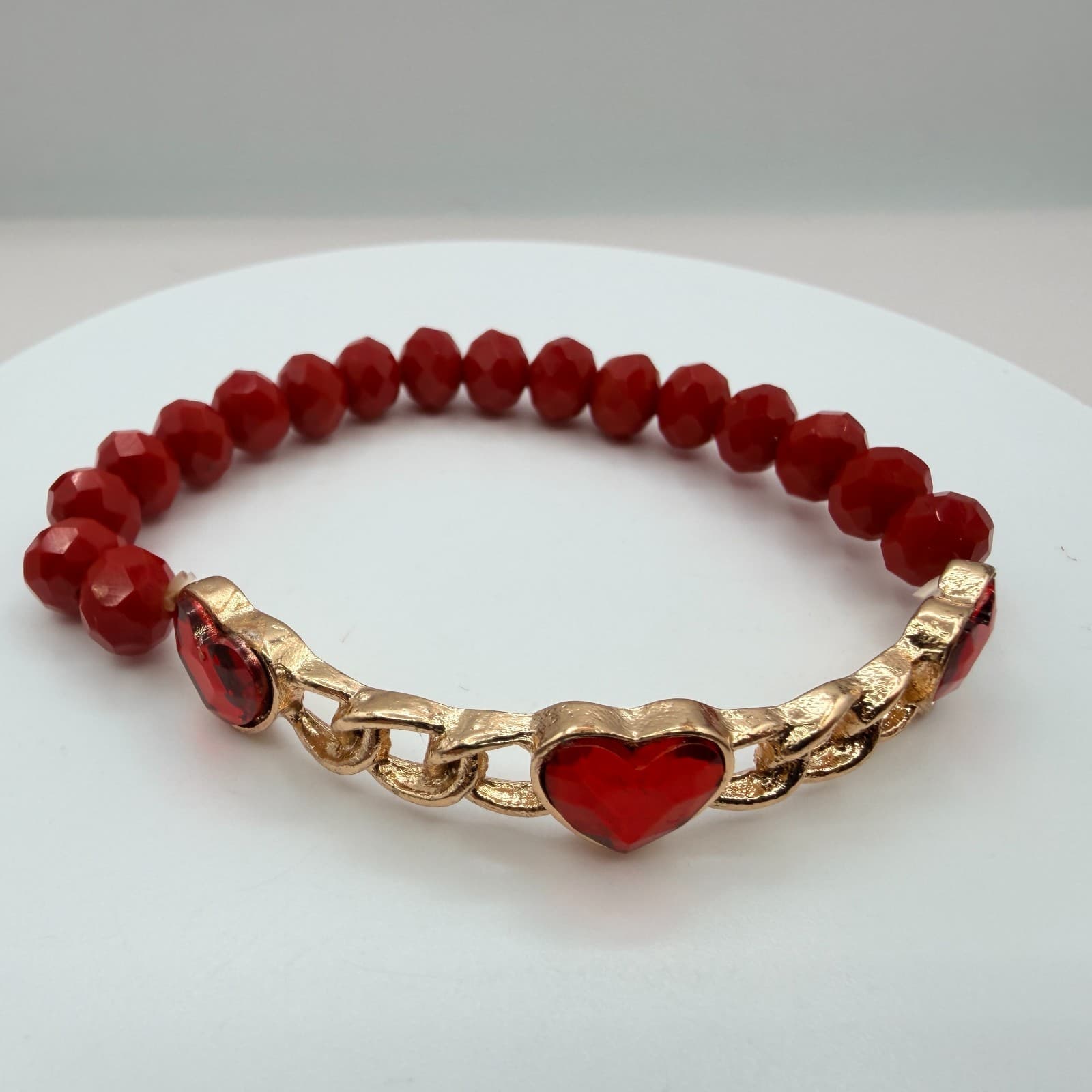 Vintage Gold Tone Red Crystal Heart Jewelry Set Ring Bracelet Post Stud Earrings - Thumbnail 3