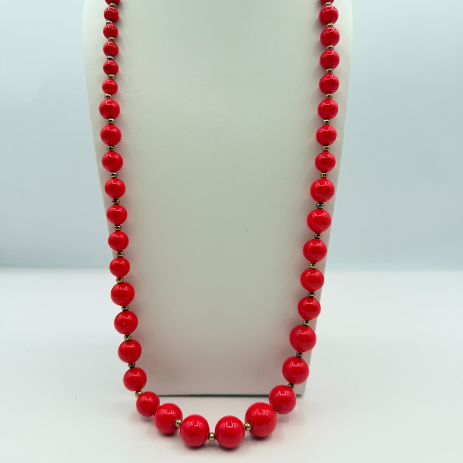 Vintage Gold Tone Red Bead Necklace Round Button Stud Earrings Matching Set Boho - Thumbnail 3