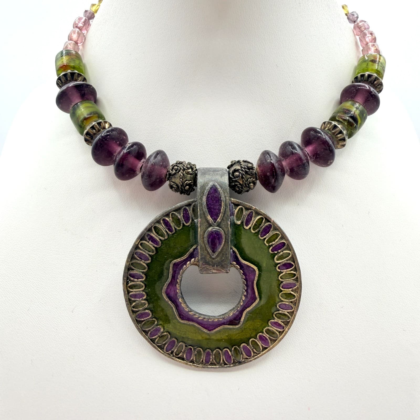 Vintage Pewter Purple Green Glass Bead Necklace Large Round Pendant Enamel Boho