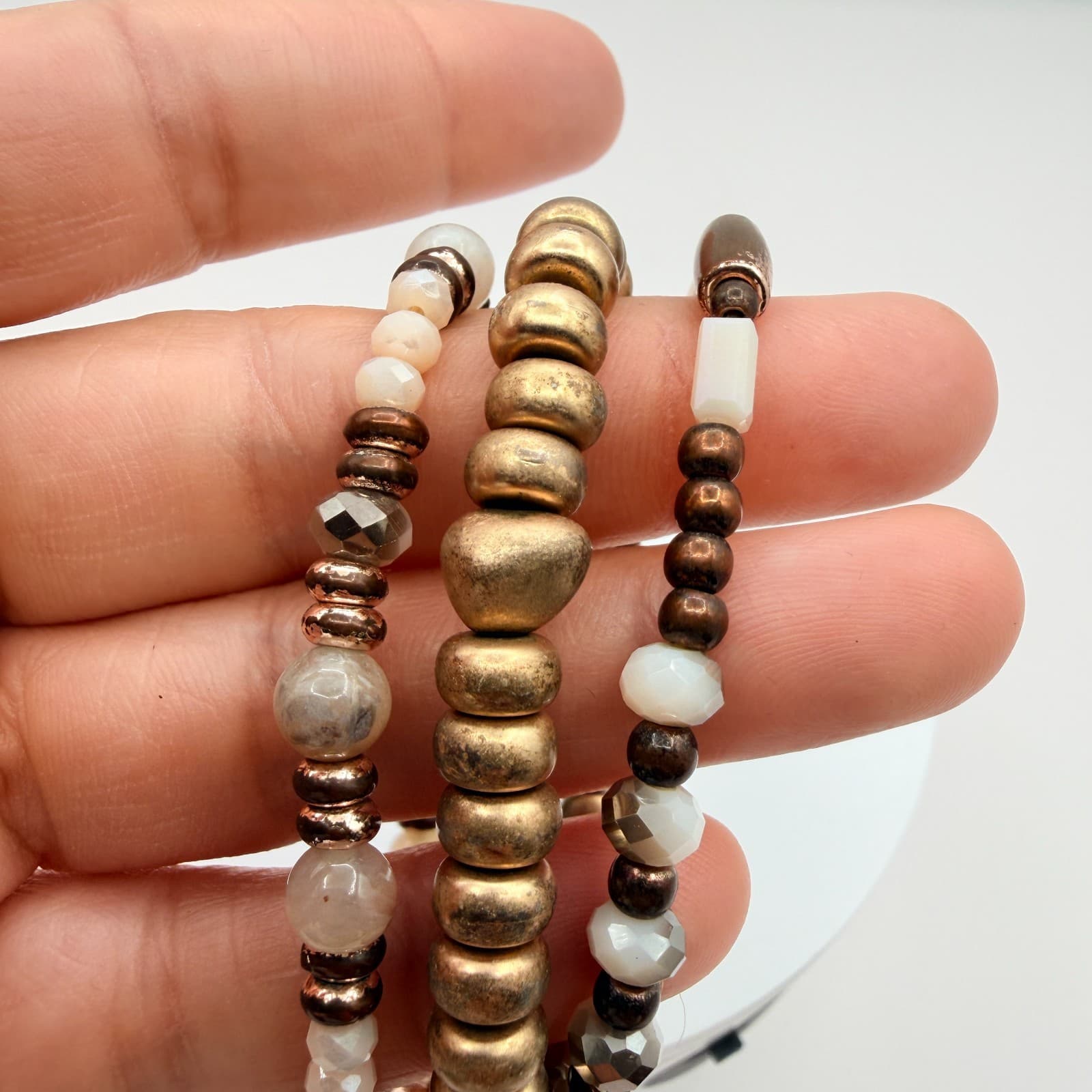 Vintage Gold Tone Beaded Stretch Bracelet Set Lot Multi Strand Chunky Stack Boho - Thumbnail 6