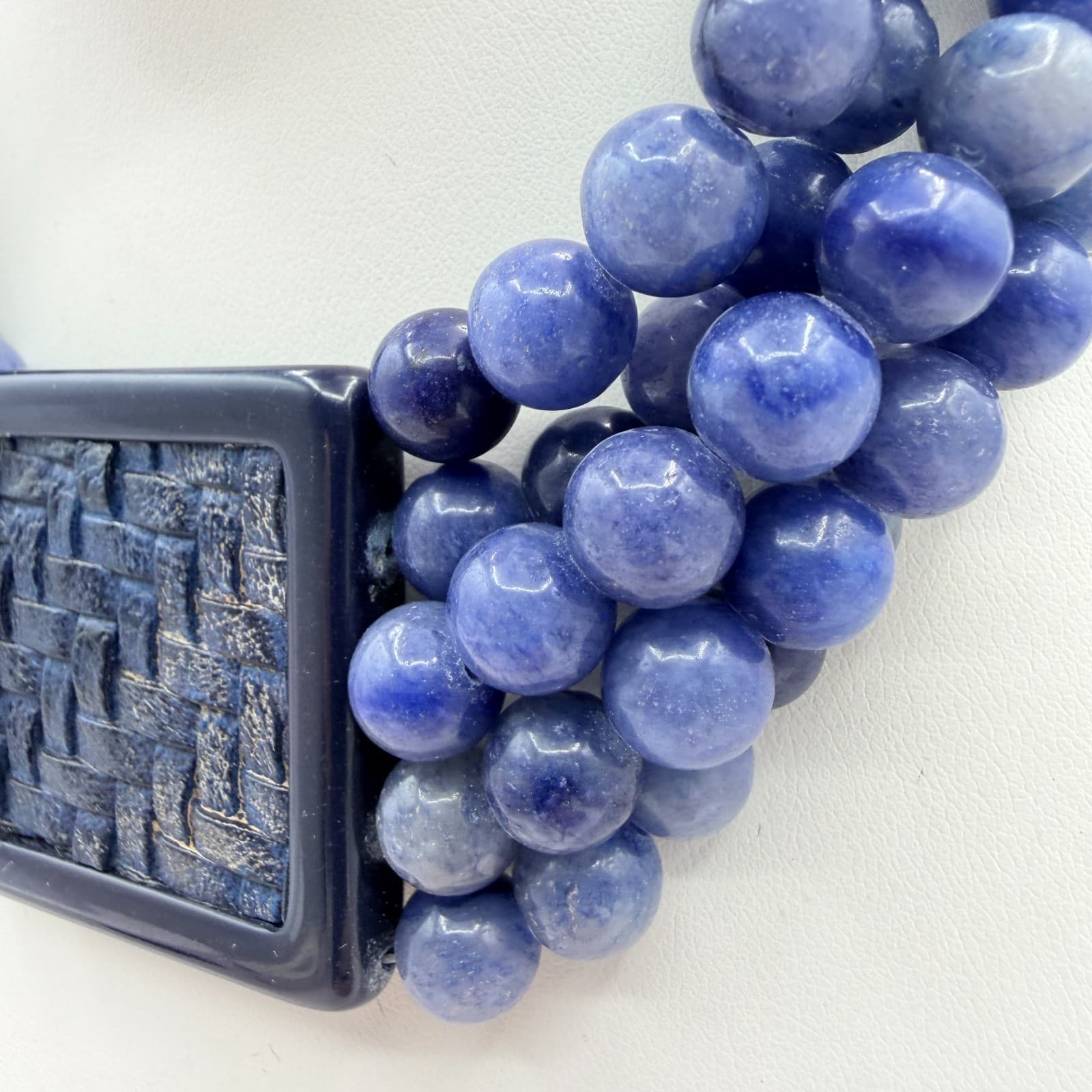 Vintage Blue Stone Bead Necklace Multi Strand Square Basketweave Pendant Chunky - Thumbnail 6