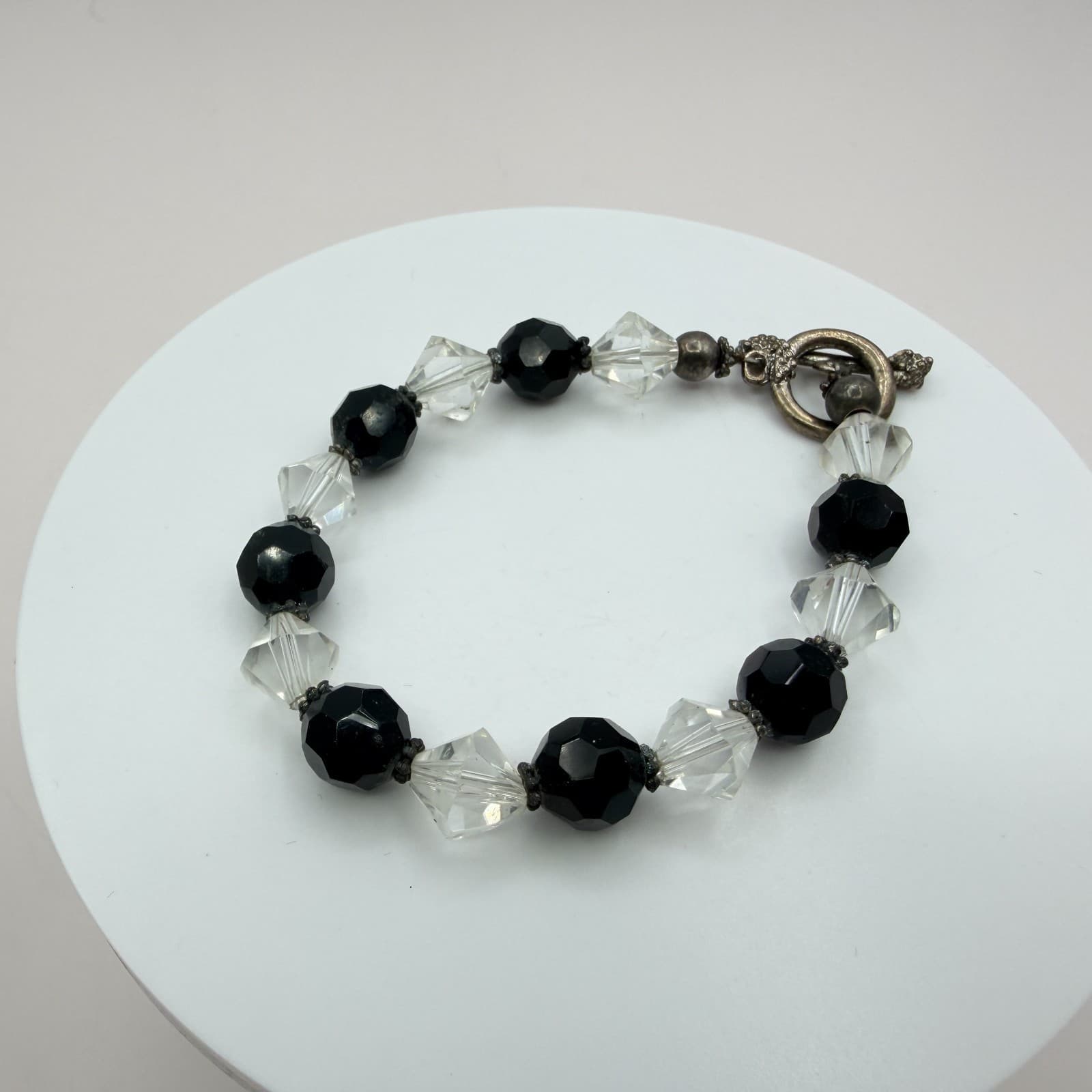 Vintage Black Clear Crystal Bead Necklace Bracelet Dangle Earrings Matching Set - Thumbnail 12