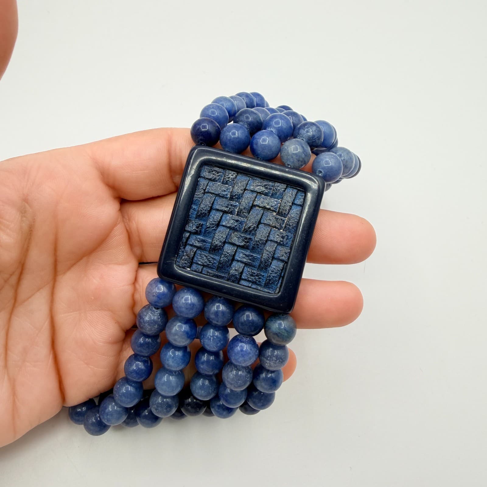Vintage Blue Stone Bead Necklace Multi Strand Square Basketweave Pendant Chunky - Thumbnail 8