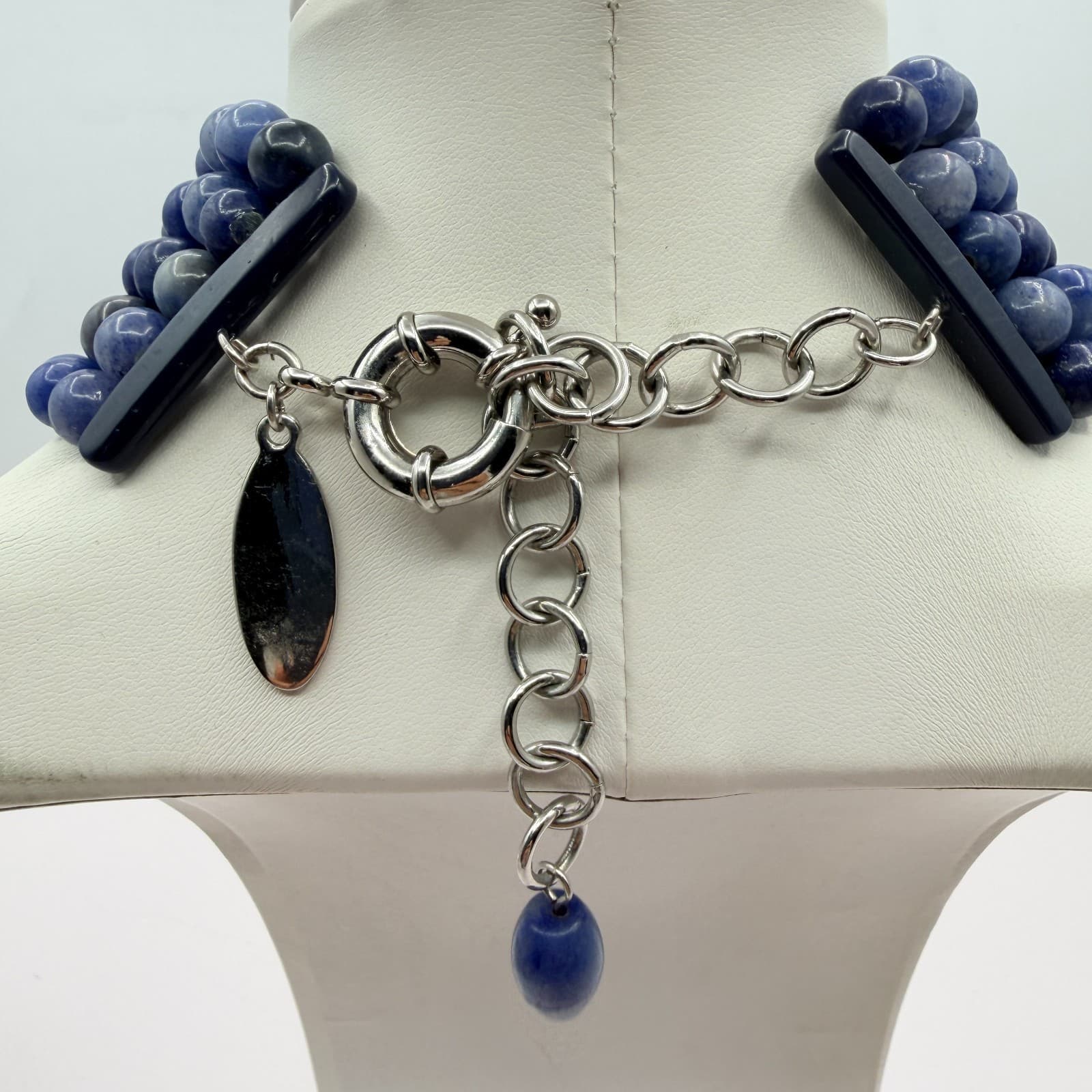 Vintage Blue Stone Bead Necklace Multi Strand Square Basketweave Pendant Chunky - Thumbnail 7