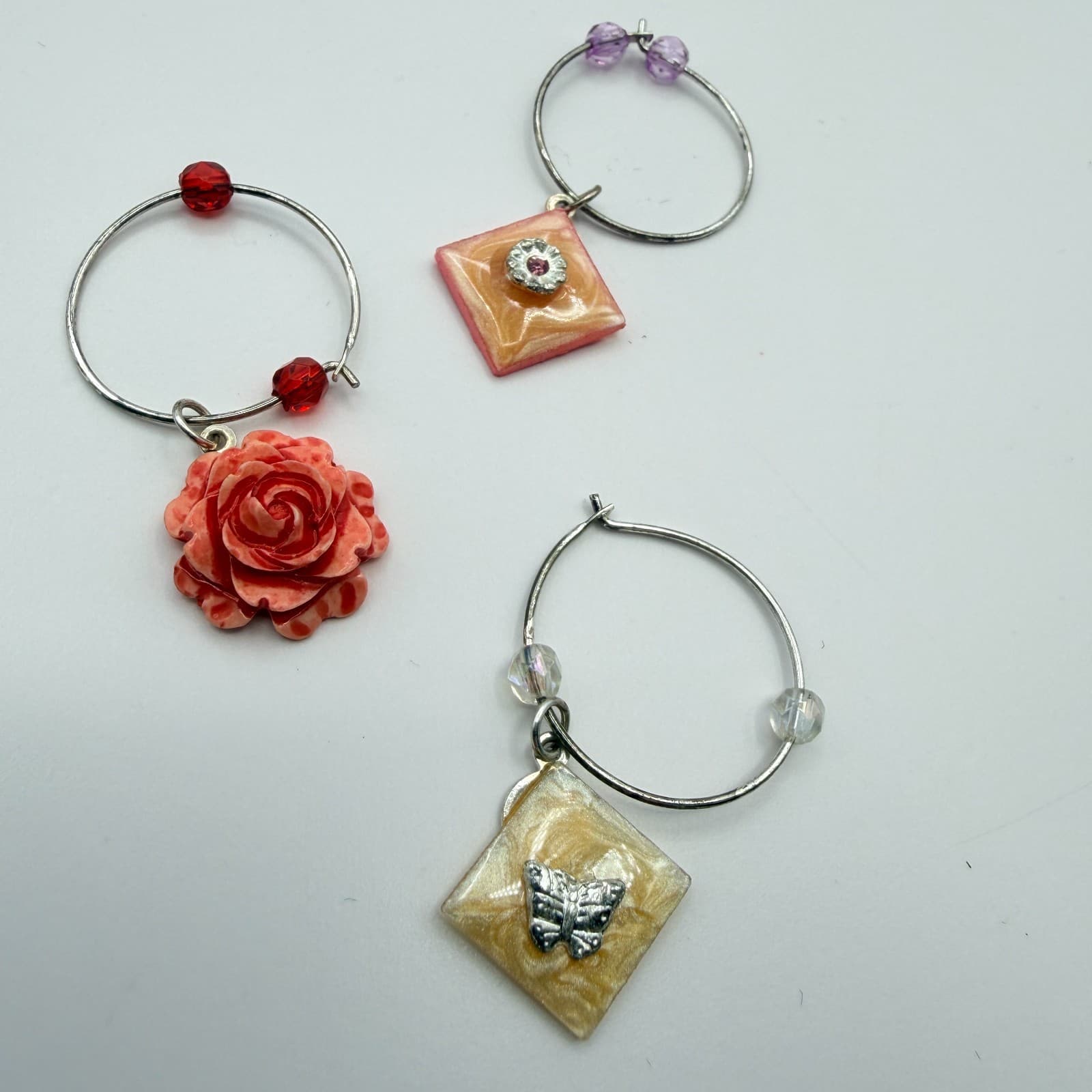 Vintage Wine Glass Charms Set Lot 6pc Silver Tone Hoops Heart Flower Mixed Charm - Thumbnail 11