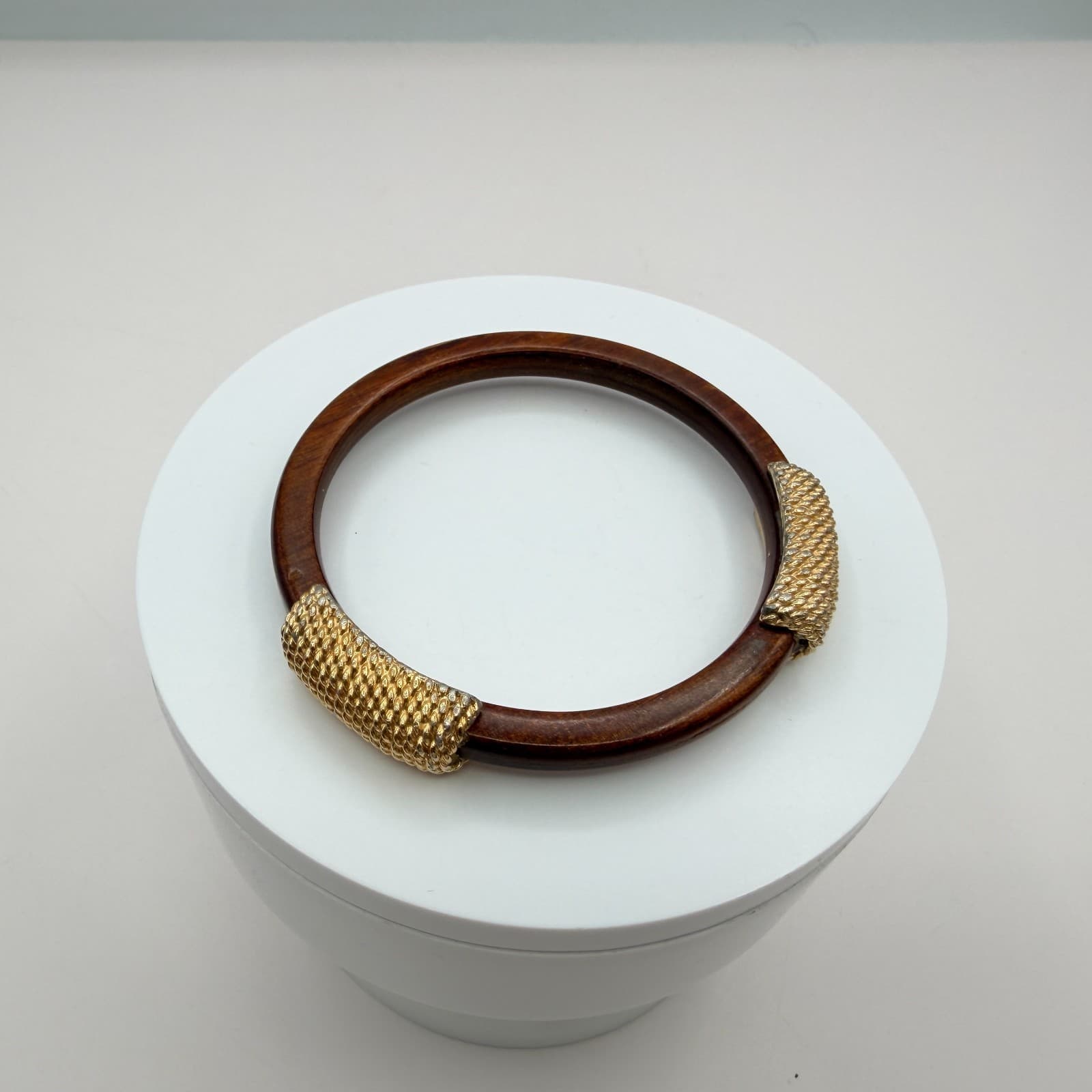 Vintage Wood Bangle Bracelet Gold Tone Textured Metal Rope Accents Chunky Boho - Thumbnail 7