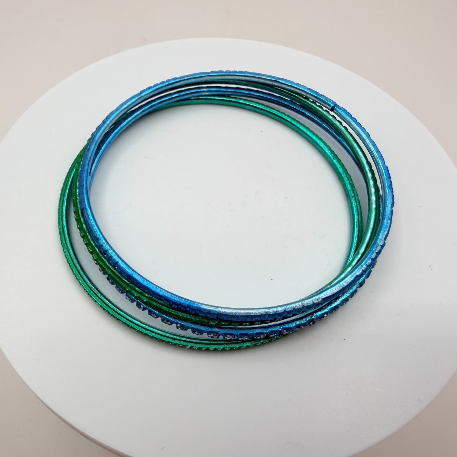 Vintage Blue Green Metallic Bangle Bracelet Stack Set Textured Rhinestone Retro - Thumbnail 2