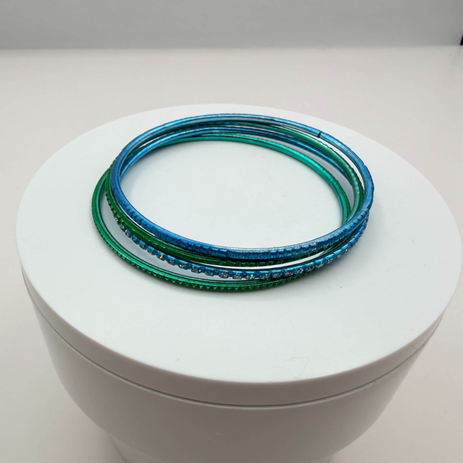 Vintage Blue Green Metallic Bangle Bracelet Stack Set Textured Rhinestone Retro - Thumbnail 10
