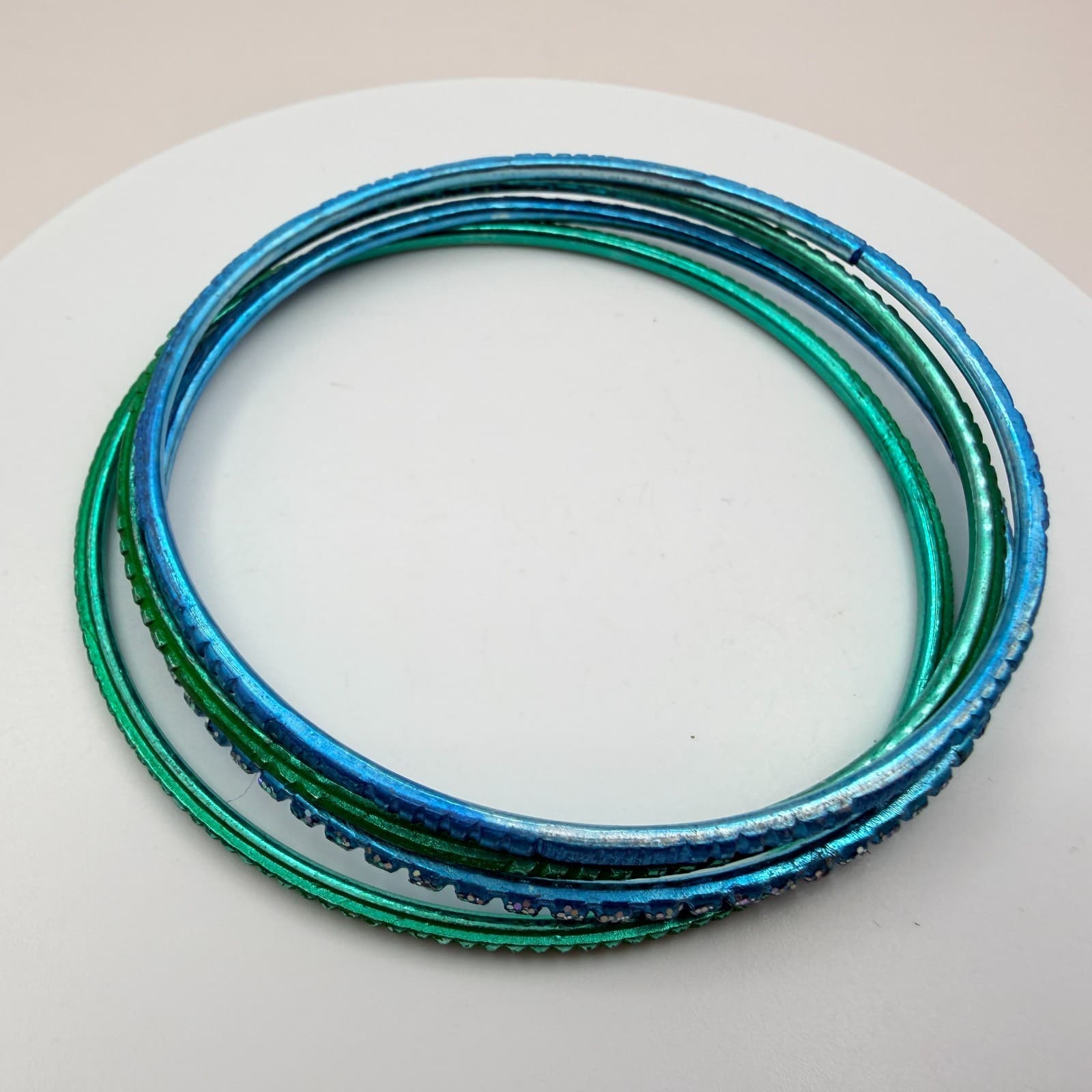 Vintage Blue Green Metallic Bangle Bracelet Stack Set Textured Rhinestone Retro - Thumbnail 9