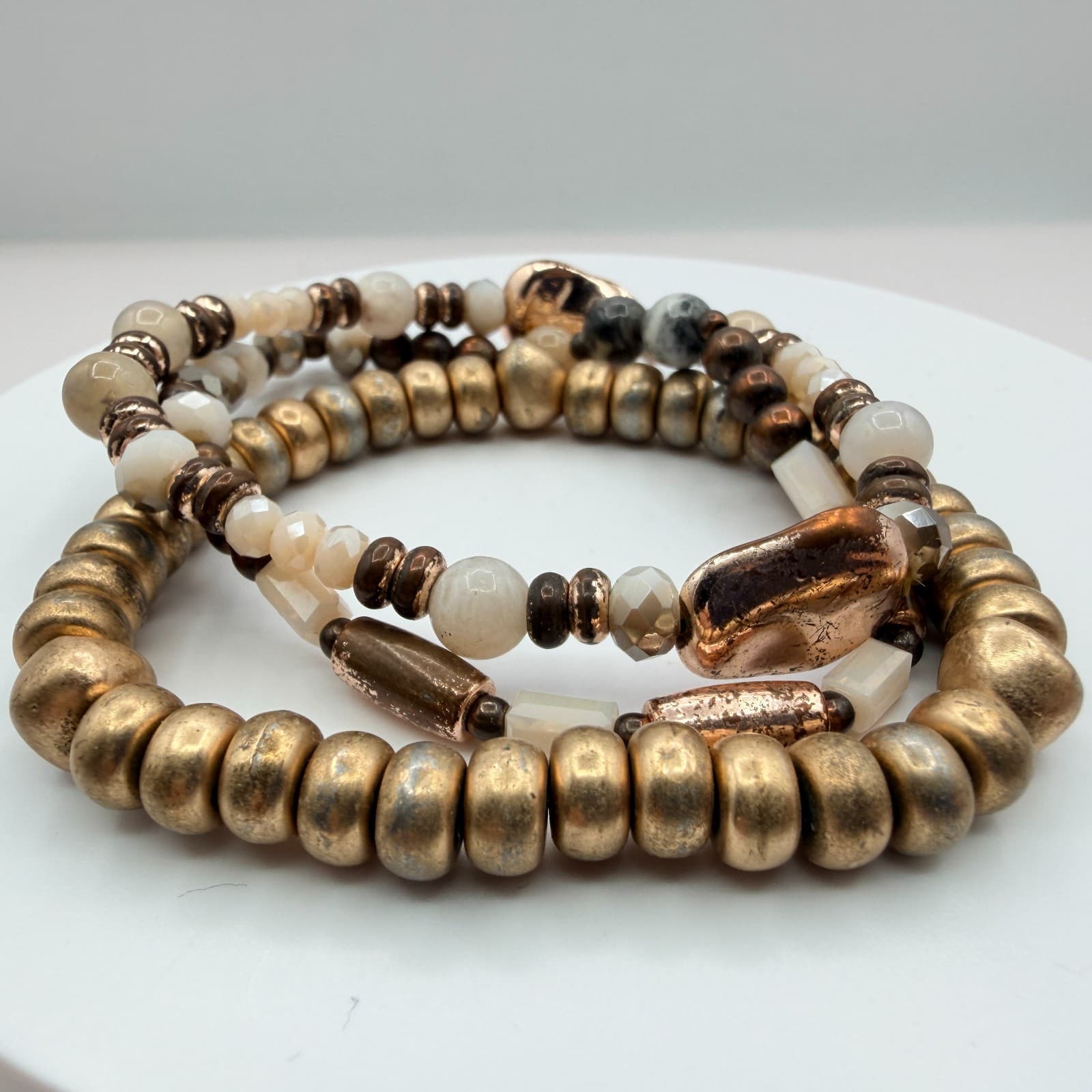 Vintage Gold Tone Beaded Stretch Bracelet Set Lot Multi Strand Chunky Stack Boho - Thumbnail 4