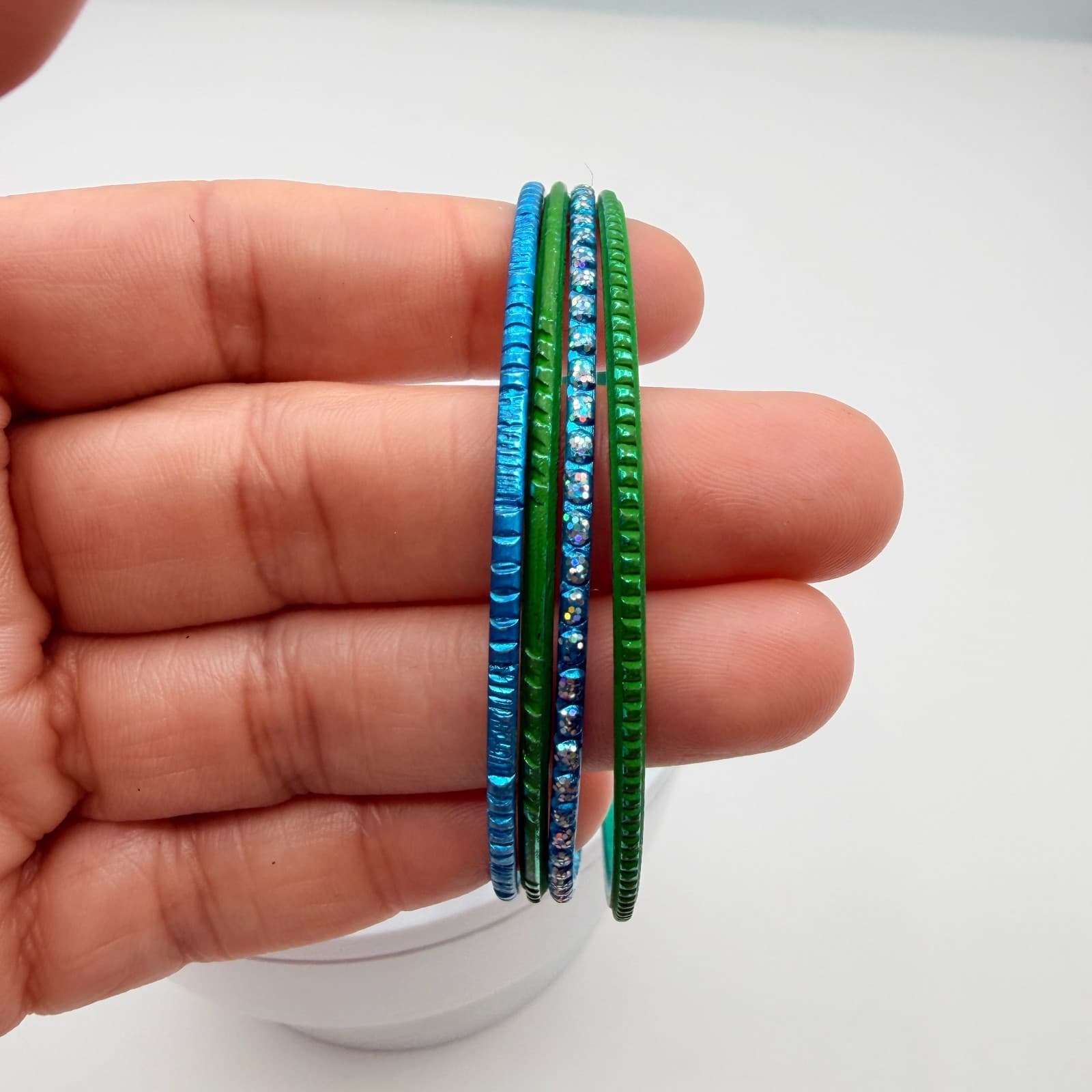 Vintage Blue Green Metallic Bangle Bracelet Stack Set Textured Rhinestone Retro - Thumbnail 11