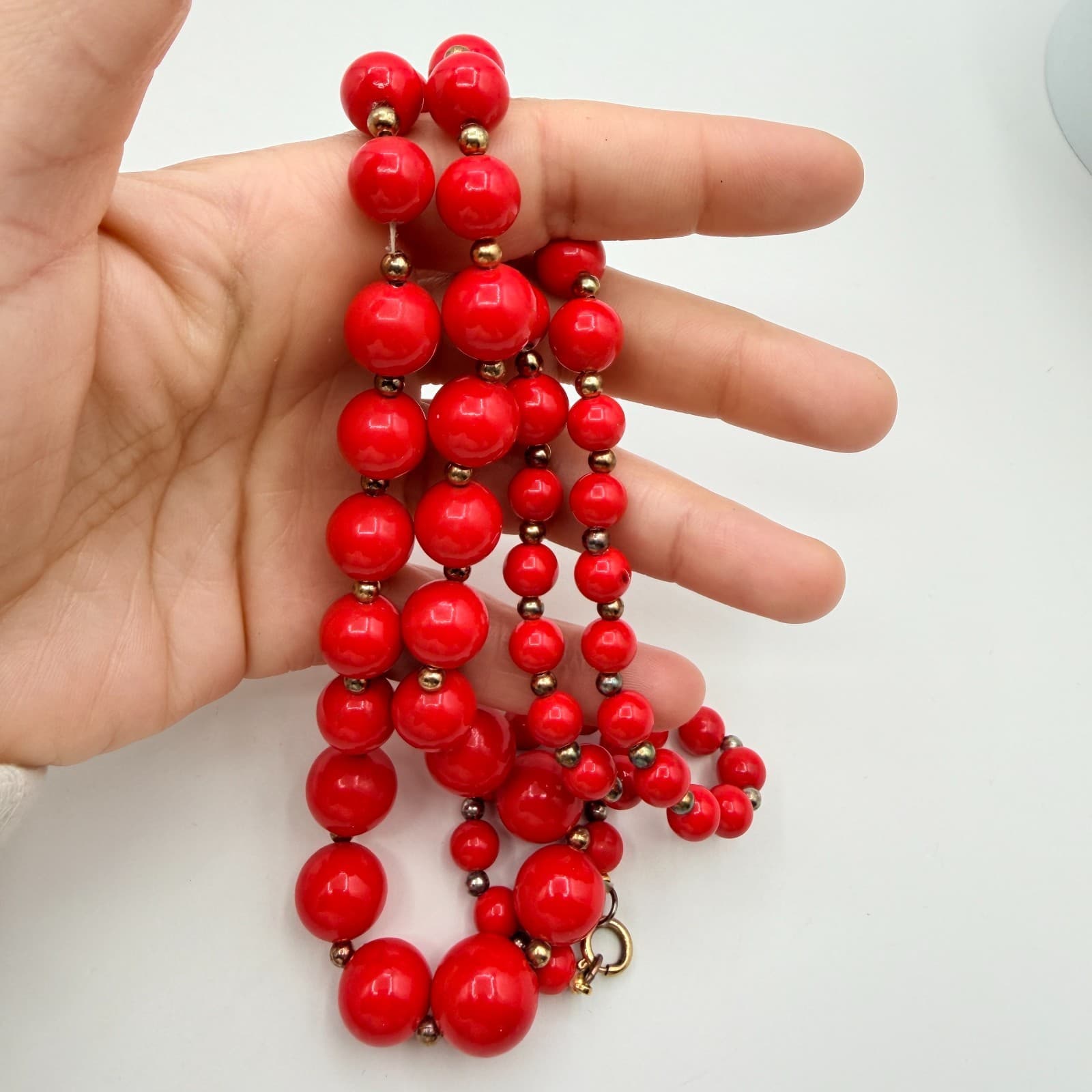 Vintage Gold Tone Red Bead Necklace Round Button Stud Earrings Matching Set Boho - Thumbnail 7