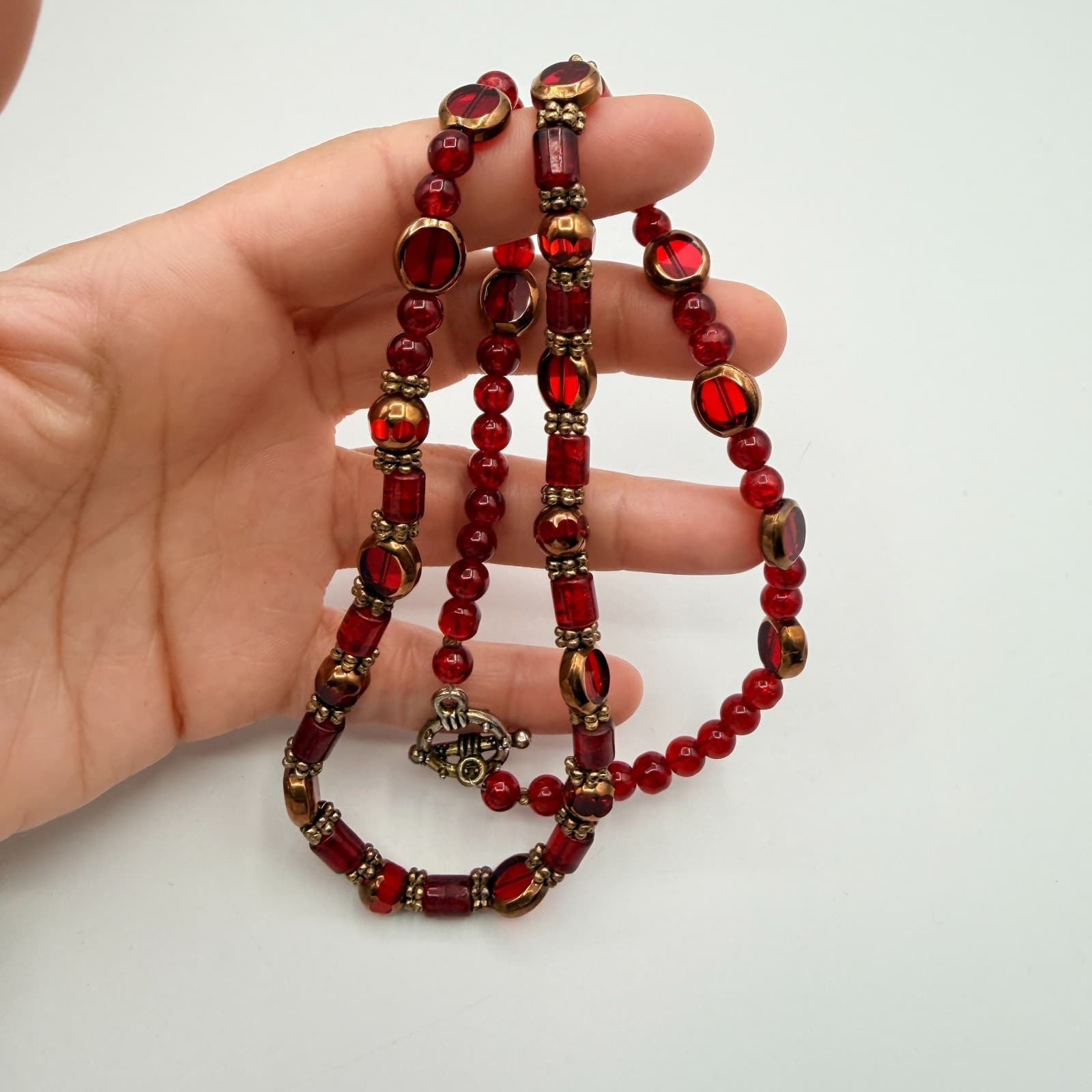 Vintage Gold Tone Red Bead Necklace Chunky Barrel Round Glass Strand Retro Boho - Thumbnail 7