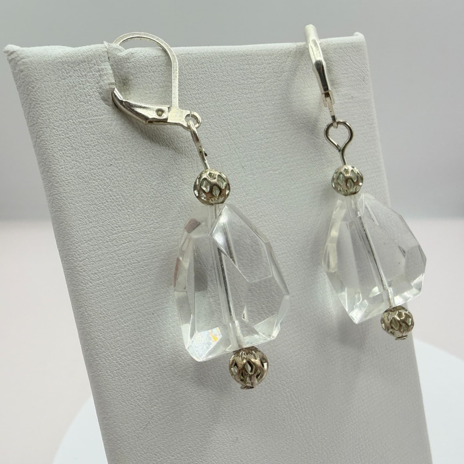 Vintage Silver Tone Clear Crystal Bead Stretch Bracelet Dangle Earrings Set Boho - Thumbnail 8
