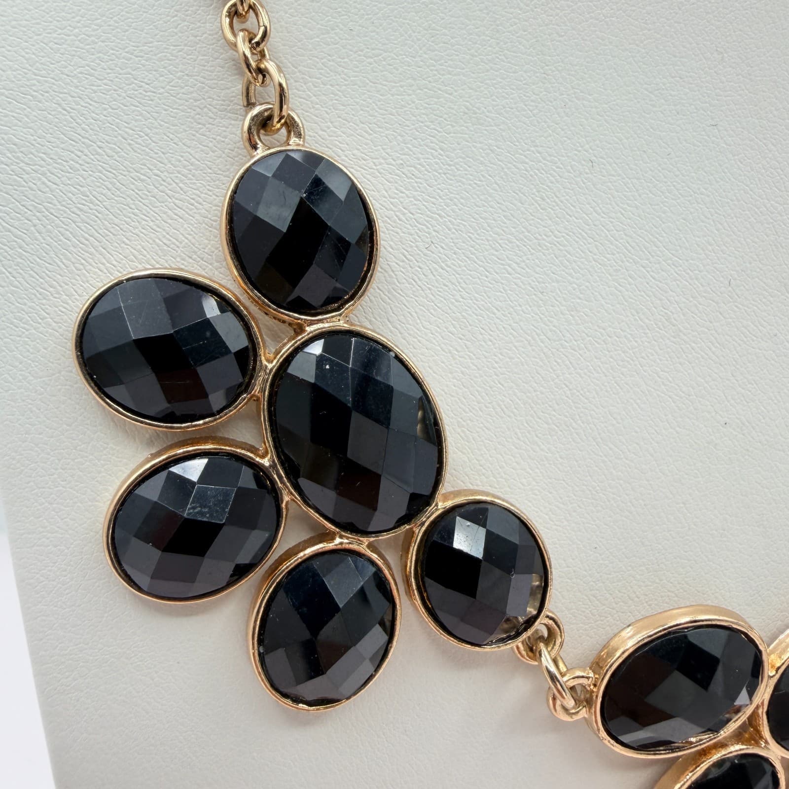 Vintage Gold Tone Black Rhinestone Statement Necklace Drop Earrings Matching Set - Thumbnail 4