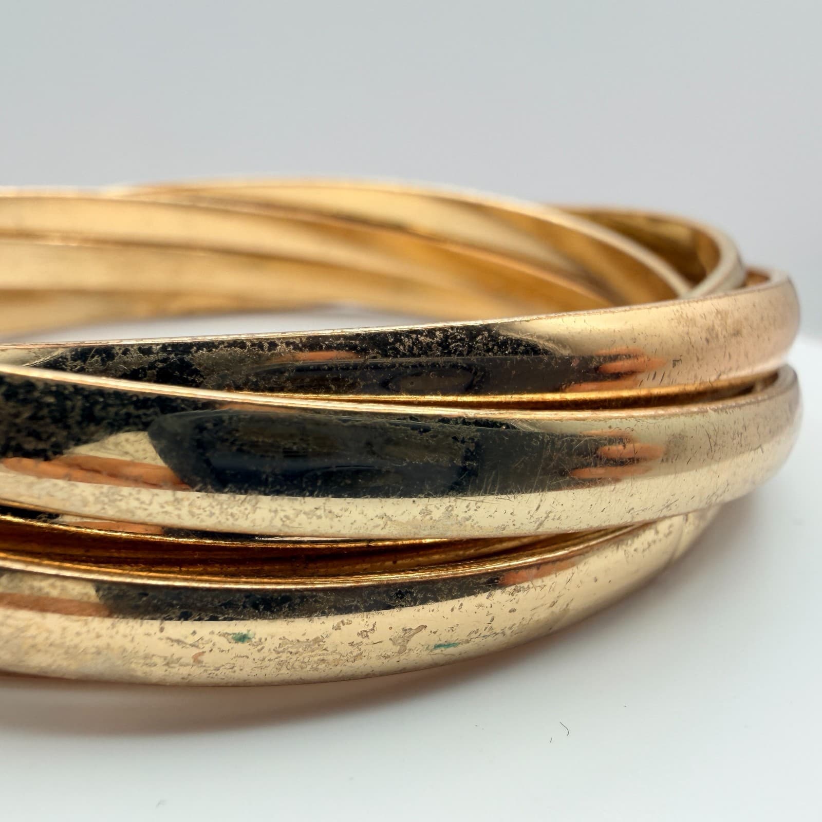 Vintage Gold Tone Interlocking Trinity Bangle Bracelet Multi Strand Statement - Thumbnail 3