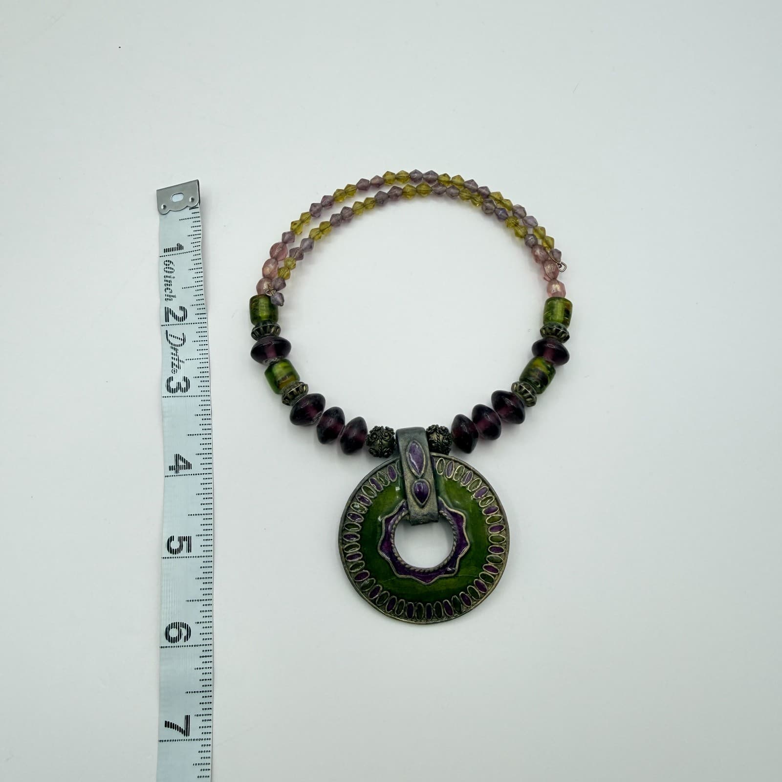 Vintage Pewter Purple Green Glass Bead Necklace Large Round Pendant Enamel Boho - Thumbnail 8
