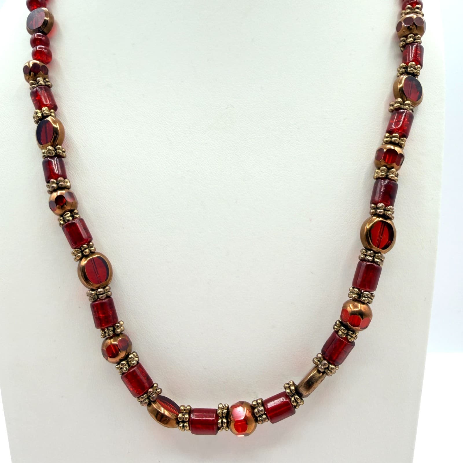 Vintage Gold Tone Red Bead Necklace Chunky Barrel Round Glass Strand Retro Boho